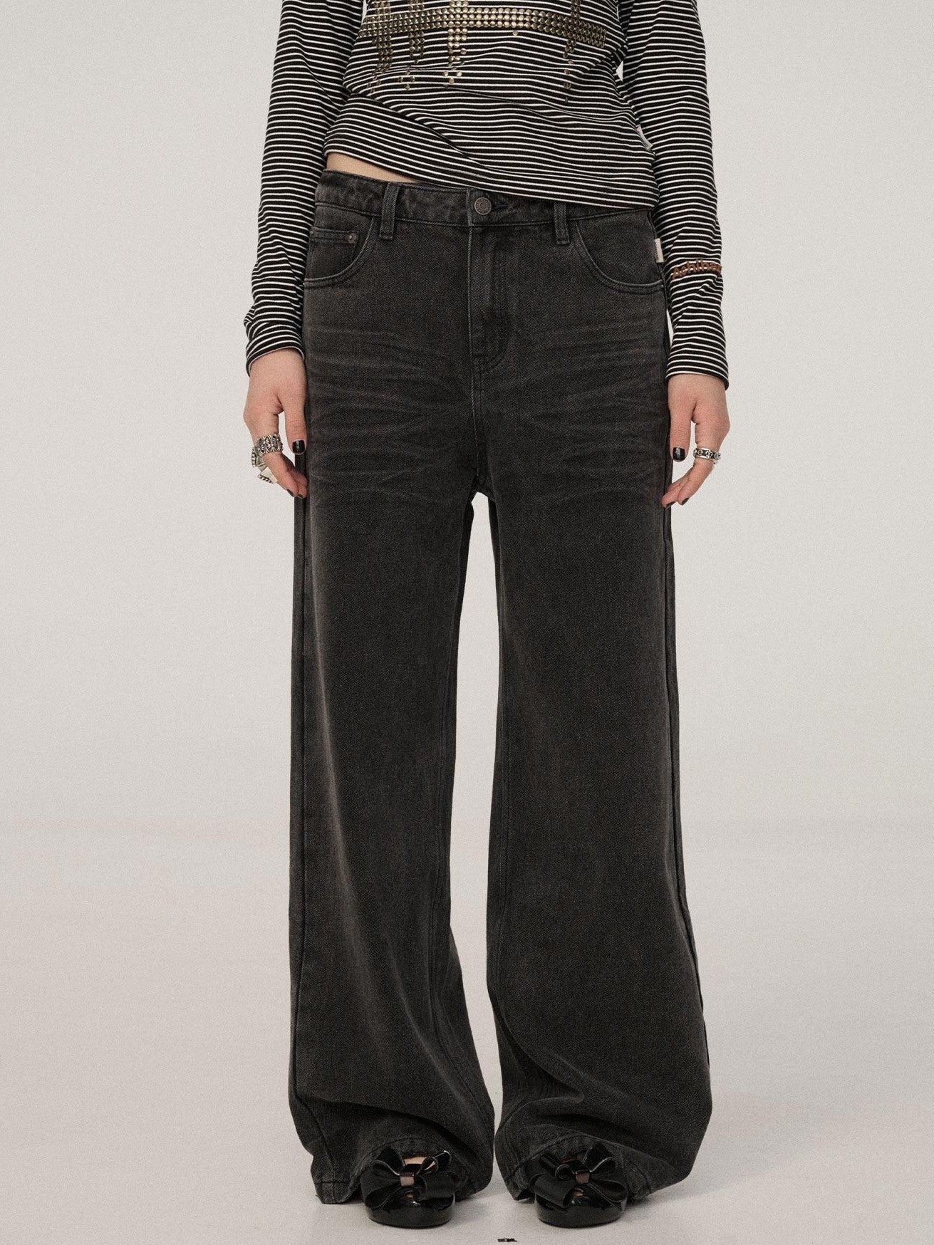 Achihara Black Grey Distressed Floor Length Women'S Denim Wide-Leg Jeans
