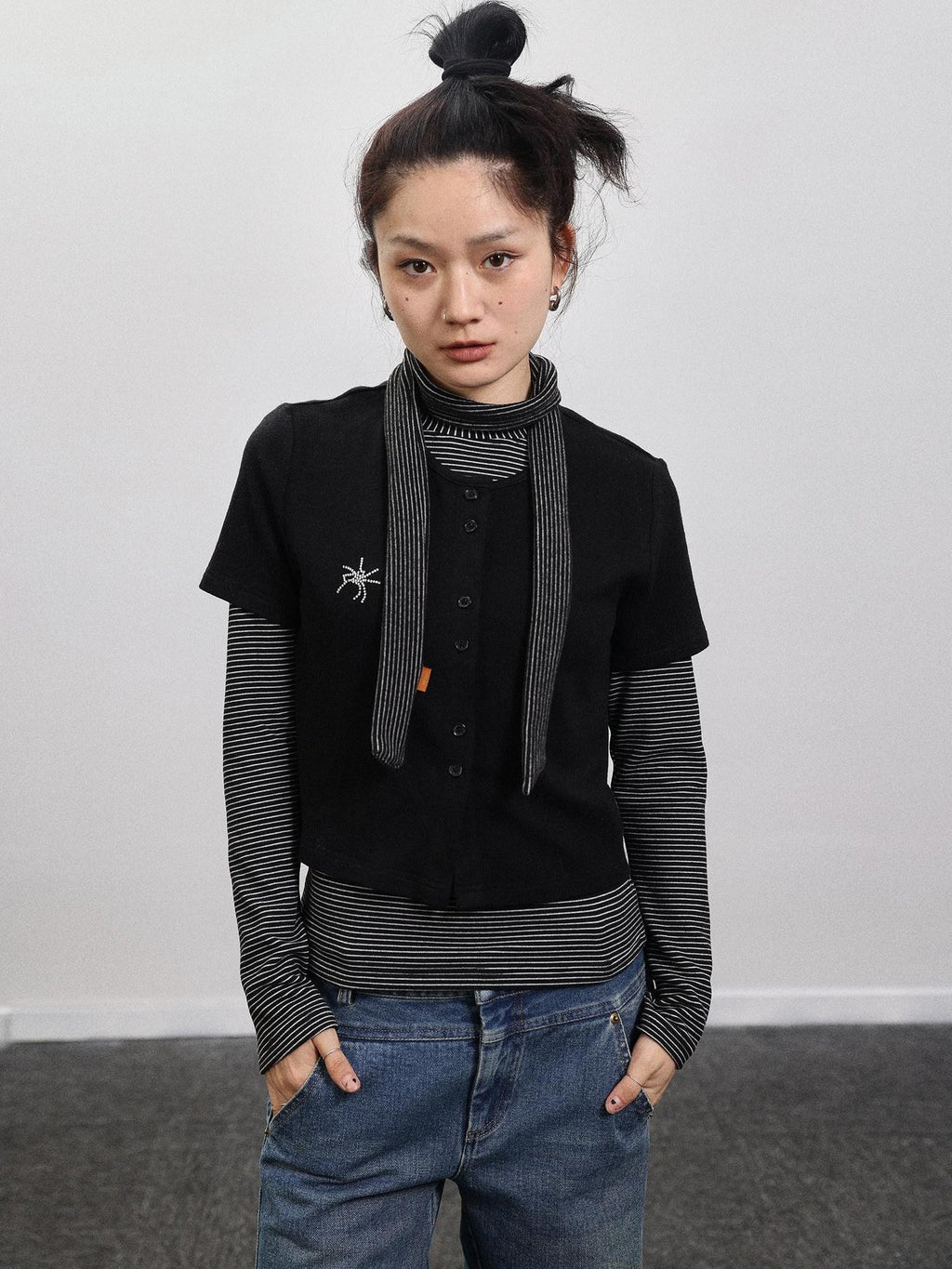 Achihara Black Grey Spider Rhinestone Layering Slim Women'S Short Sleeve T-Shirts