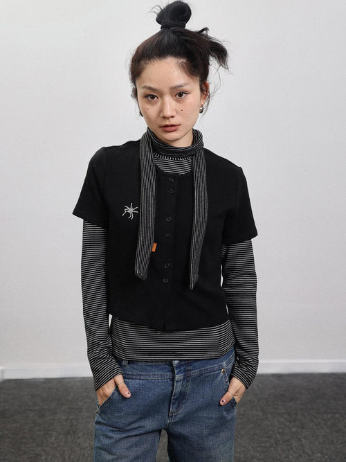 Achihara Black Grey Spider Rhinestone Layering Slim Women'S Short Sleeve T-Shirts