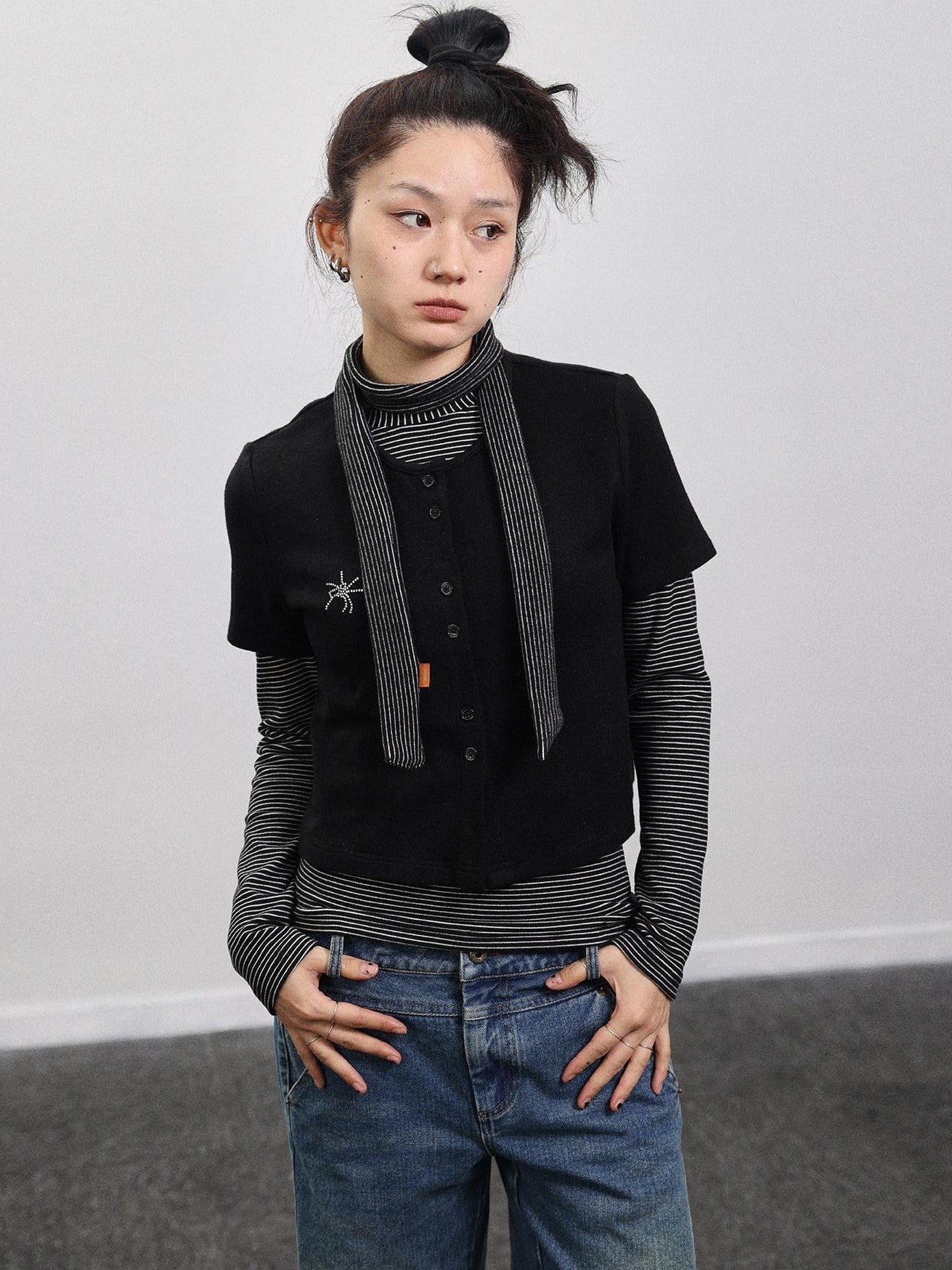 Achihara Black Grey Spider Rhinestone Layering Slim Women'S Short Sleeve T-Shirts