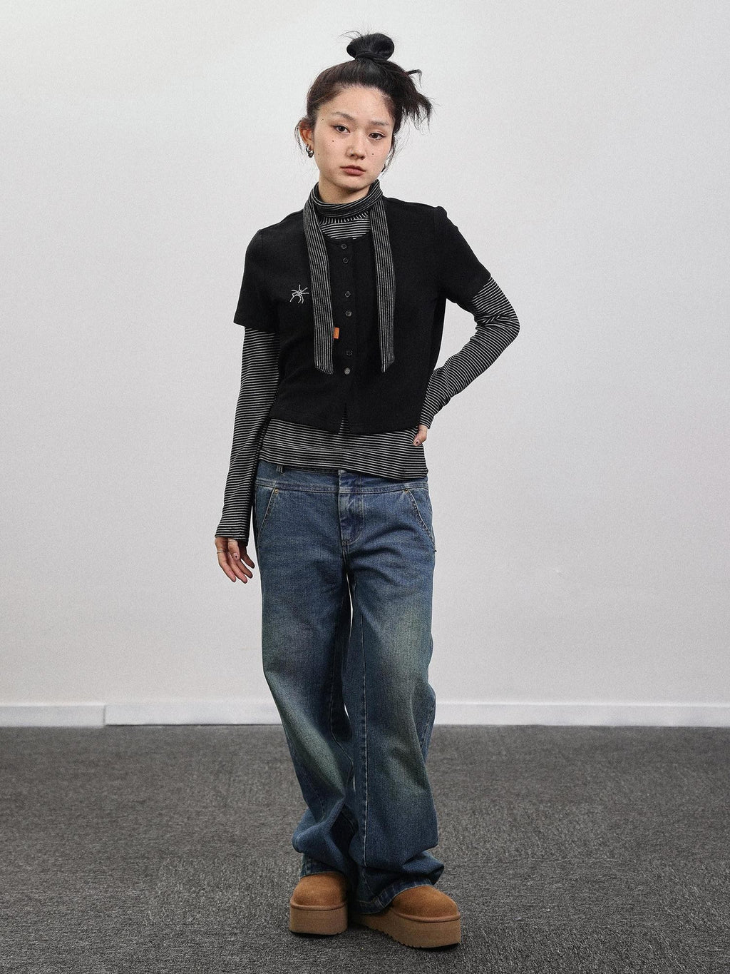 Achihara Black Grey Spider Rhinestone Layering Slim Women'S Short Sleeve T-Shirts