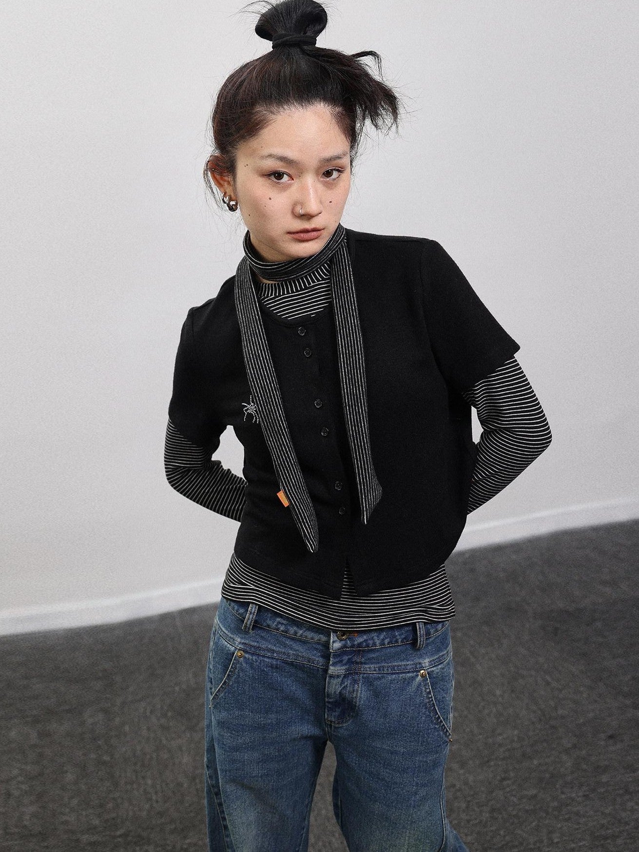 Achihara Black Grey Spider Rhinestone Layering Slim Women'S Short Sleeve T-Shirts