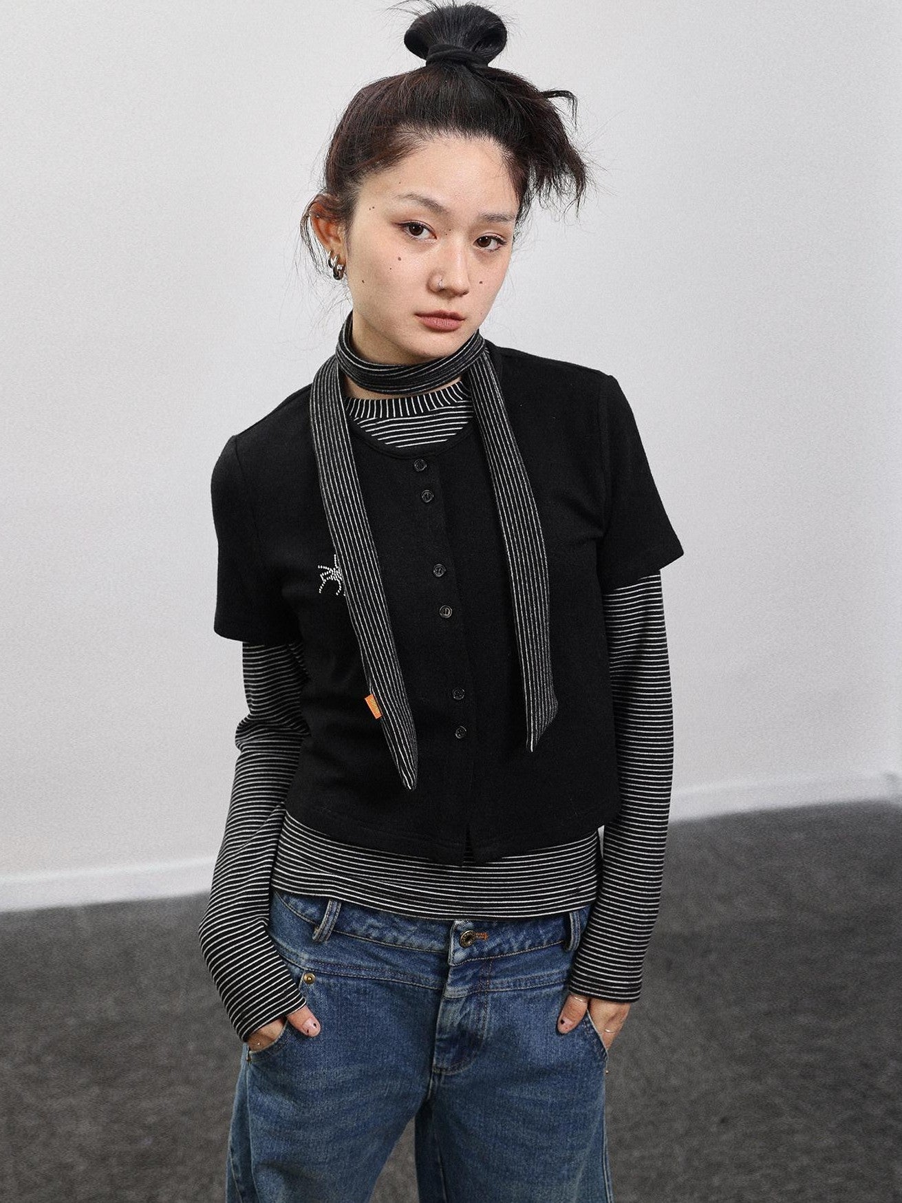 Achihara Black Grey Spider Rhinestone Layering Slim Women'S Short Sleeve T-Shirts