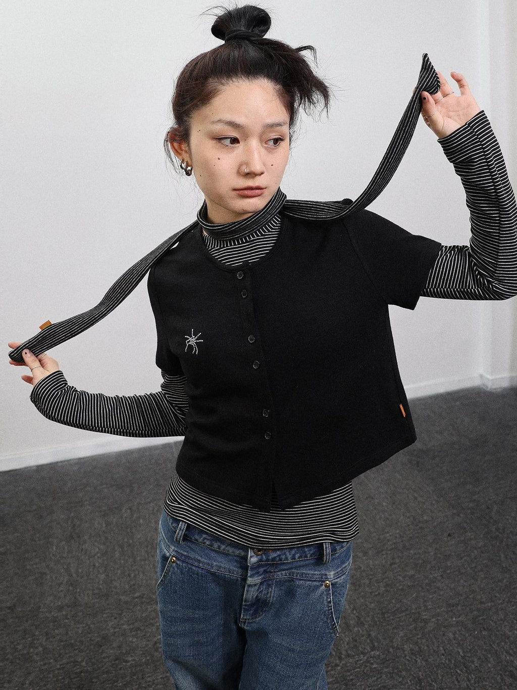 Achihara Black Grey Spider Rhinestone Layering Slim Women'S Short Sleeve T-Shirts