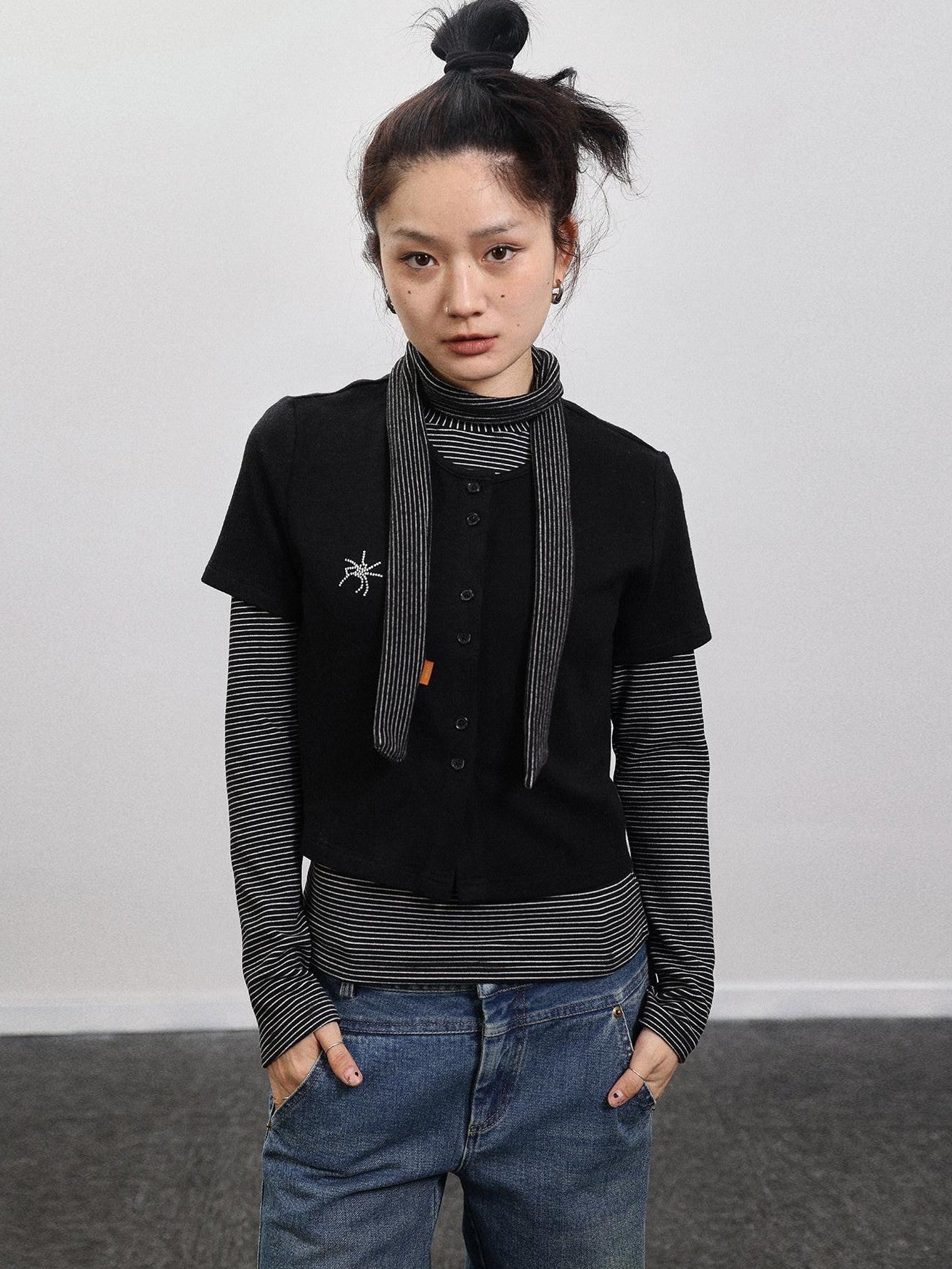 Achihara Black Grey Spider Rhinestone Layering Slim Women'S Short Sleeve T-Shirts