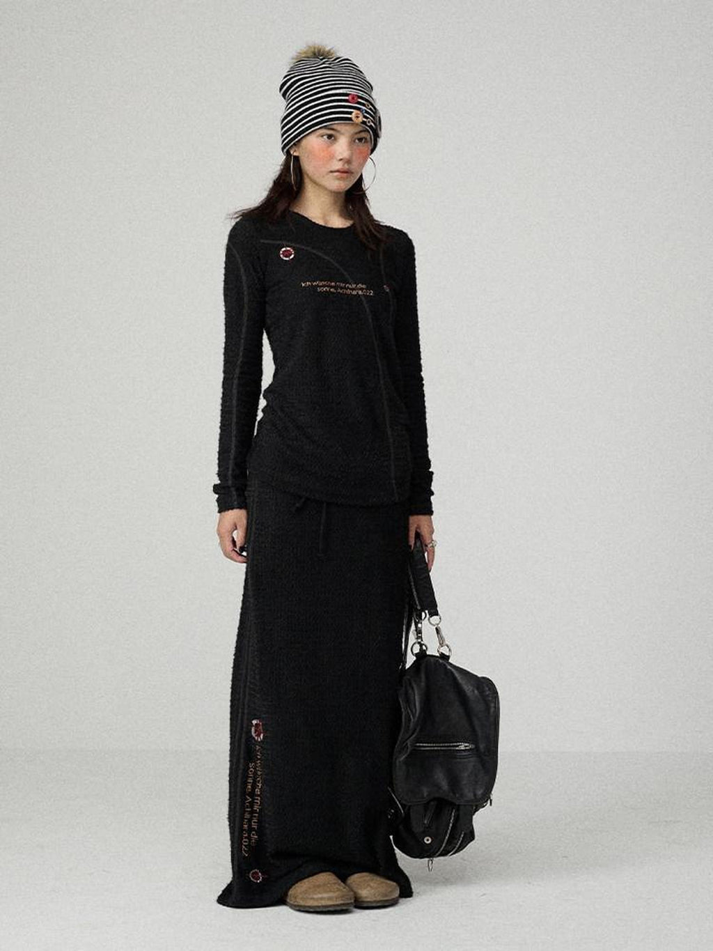 Achihara Black Letter Print Slim Fit Women'S Cotton Linen Long Sleeve T-Shirts