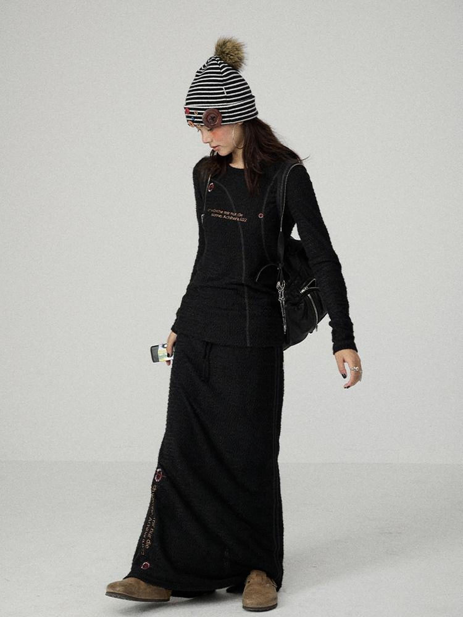 Achihara Black Letter Print Slim Fit Women'S Cotton Linen Long Sleeve T-Shirts