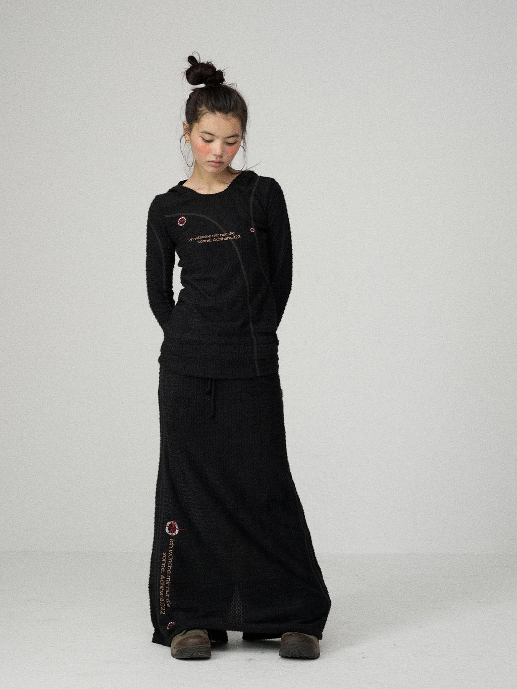 Achihara Black Letter Print Slim Fit Women'S Cotton Linen Long Sleeve T-Shirts