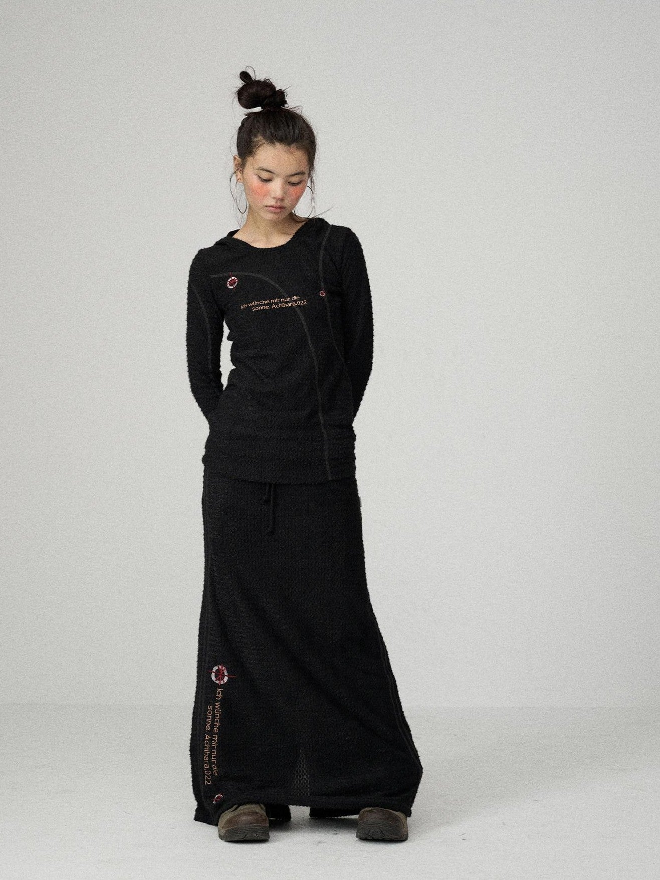 Achihara Black Letter Print Slim Fit Women'S Cotton Linen Long Sleeve T-Shirts