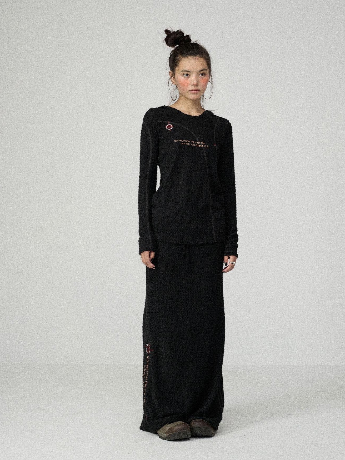 Achihara Black Letter Print Slim Fit Women'S Cotton Linen Long Sleeve T-Shirts