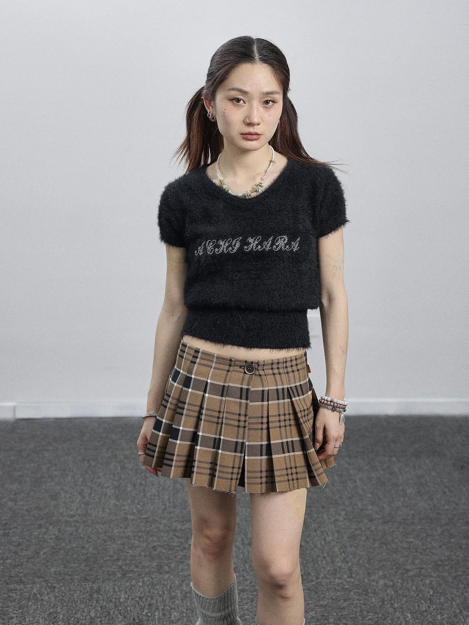 Achihara Black Mink Velvet Round Neck Cropped Slim Fit Women'S Short Sleeve T-Shirts