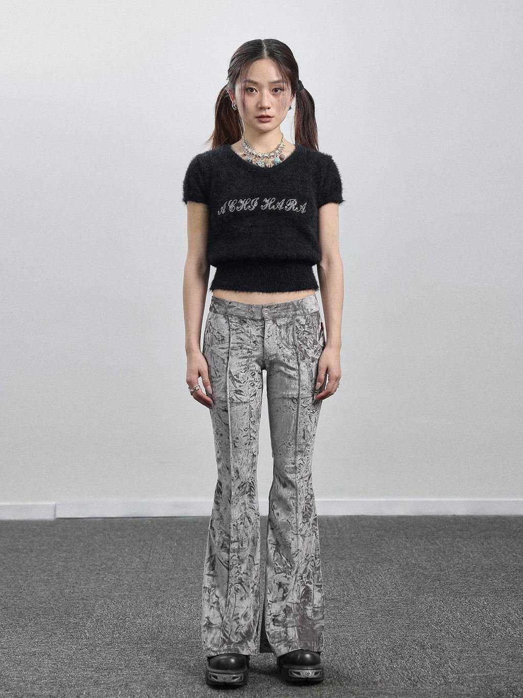 Achihara Black Mink Velvet Round Neck Cropped Slim Fit Women'S Short Sleeve T-Shirts