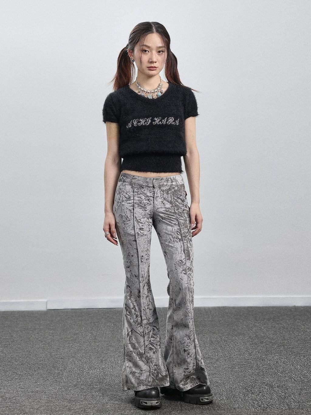 Achihara Black Mink Velvet Round Neck Cropped Slim Fit Women'S Short Sleeve T-Shirts