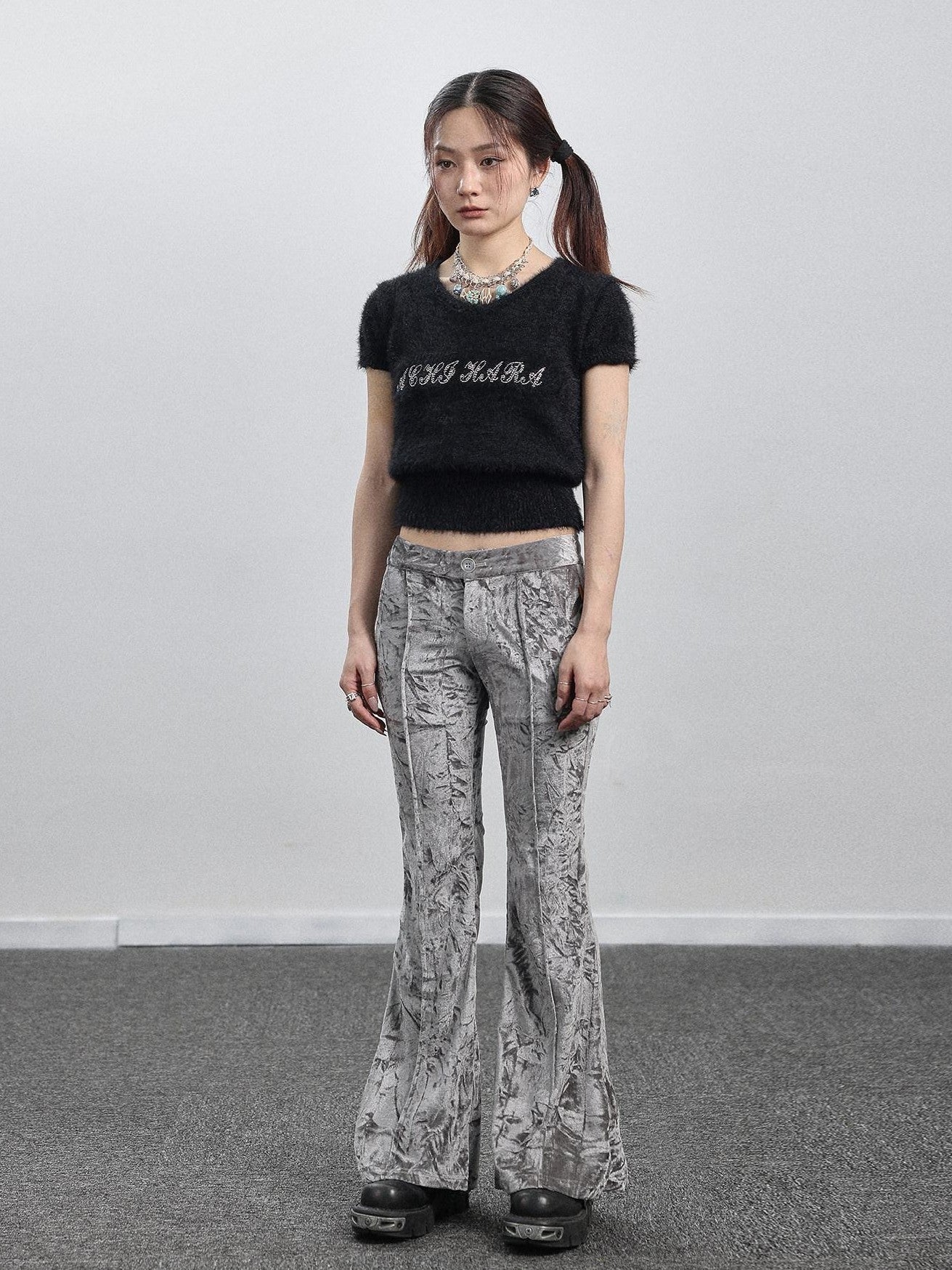 Achihara Black Mink Velvet Round Neck Cropped Slim Fit Women'S Short Sleeve T-Shirts