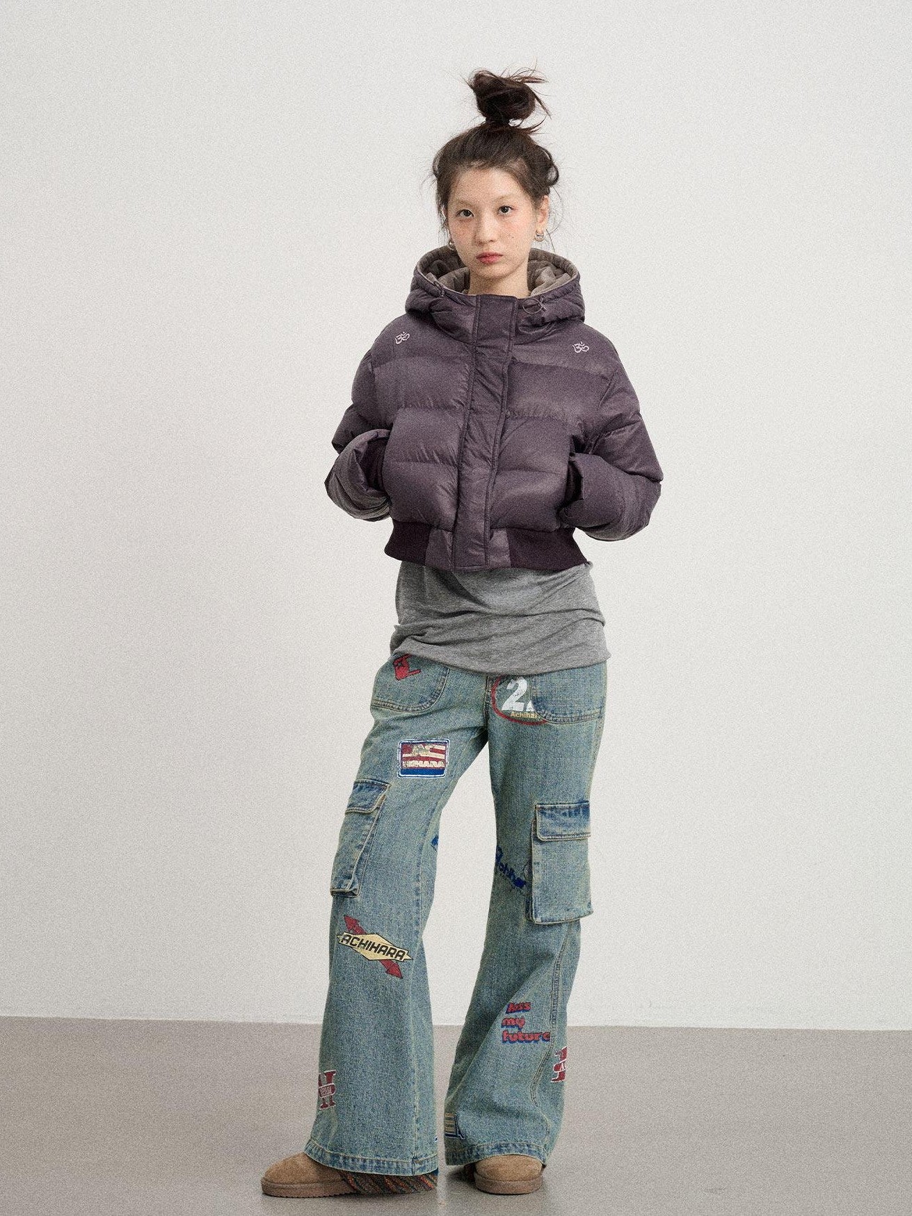 Achihara Black Shoulder Embroidery Hooded Short Straight Women'S Cotton Puffer Jackets