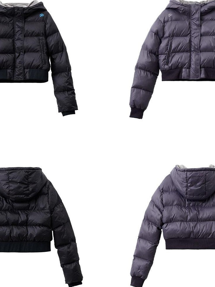 Achihara Black Shoulder Embroidery Hooded Short Straight Women'S Cotton Puffer Jackets