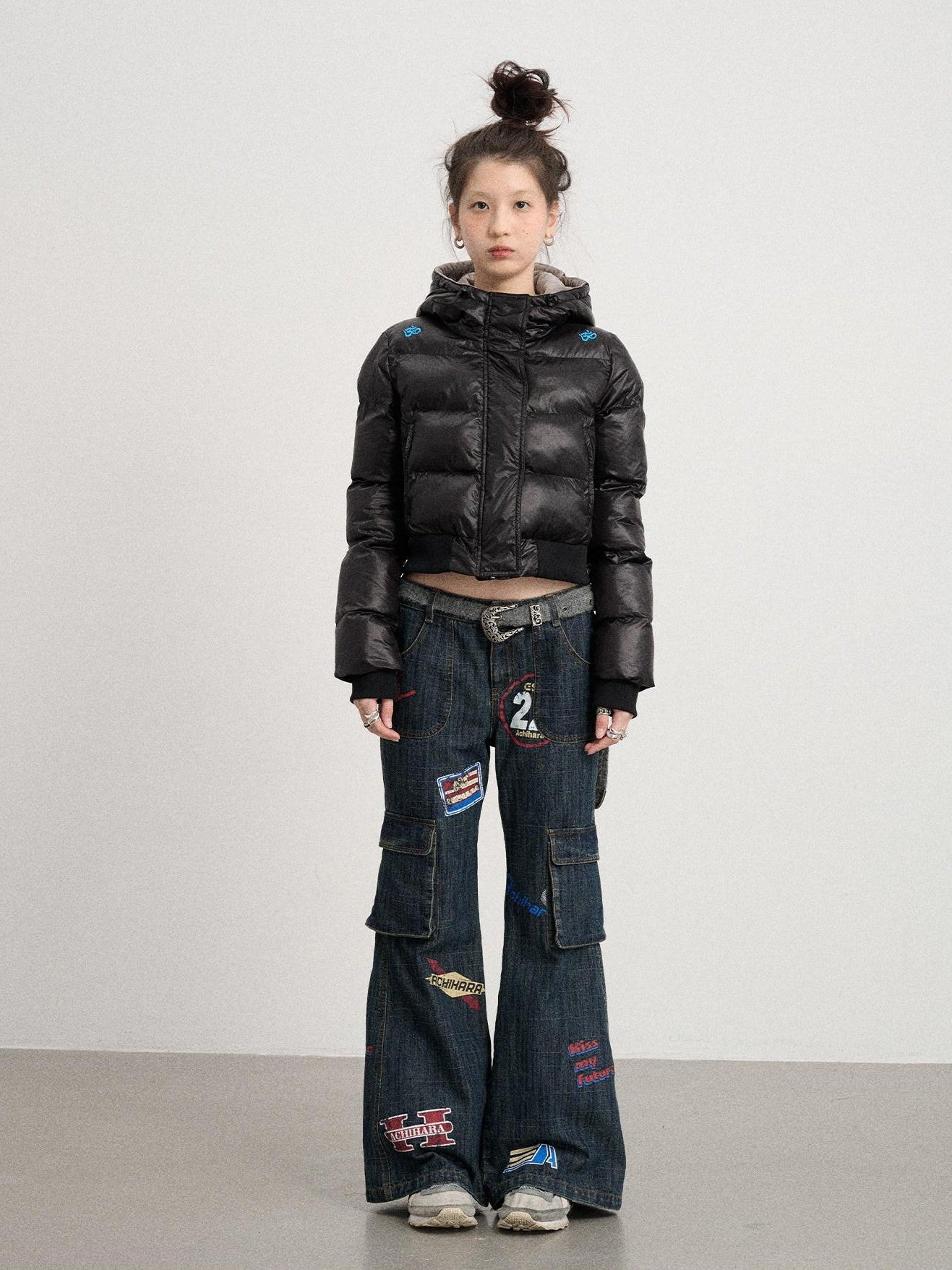 Achihara Black Shoulder Embroidery Hooded Short Straight Women'S Cotton Puffer Jackets