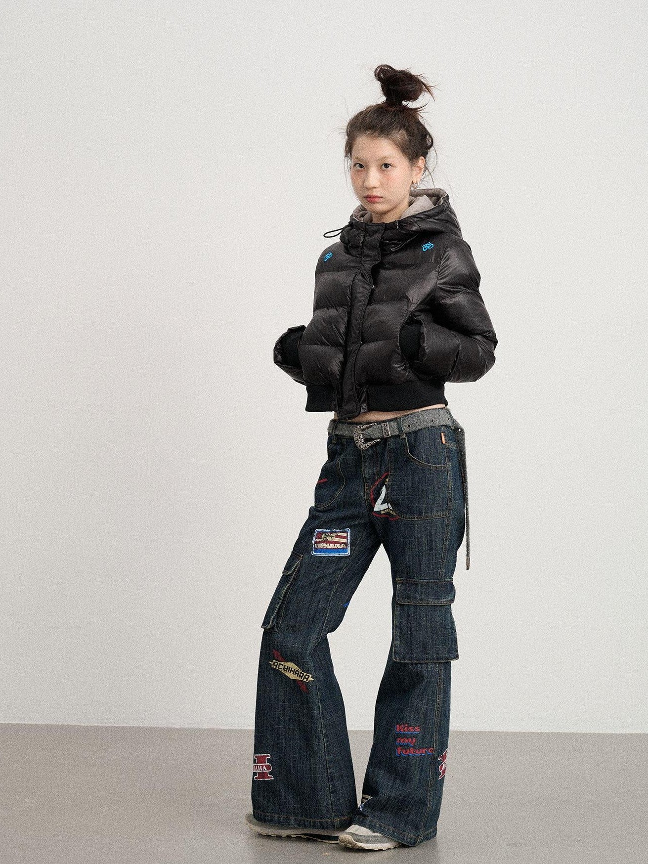 Achihara Black Shoulder Embroidery Hooded Short Straight Women'S Cotton Puffer Jackets