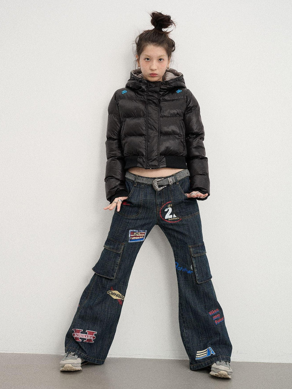 Achihara Black Shoulder Embroidery Hooded Short Straight Women'S Cotton Puffer Jackets