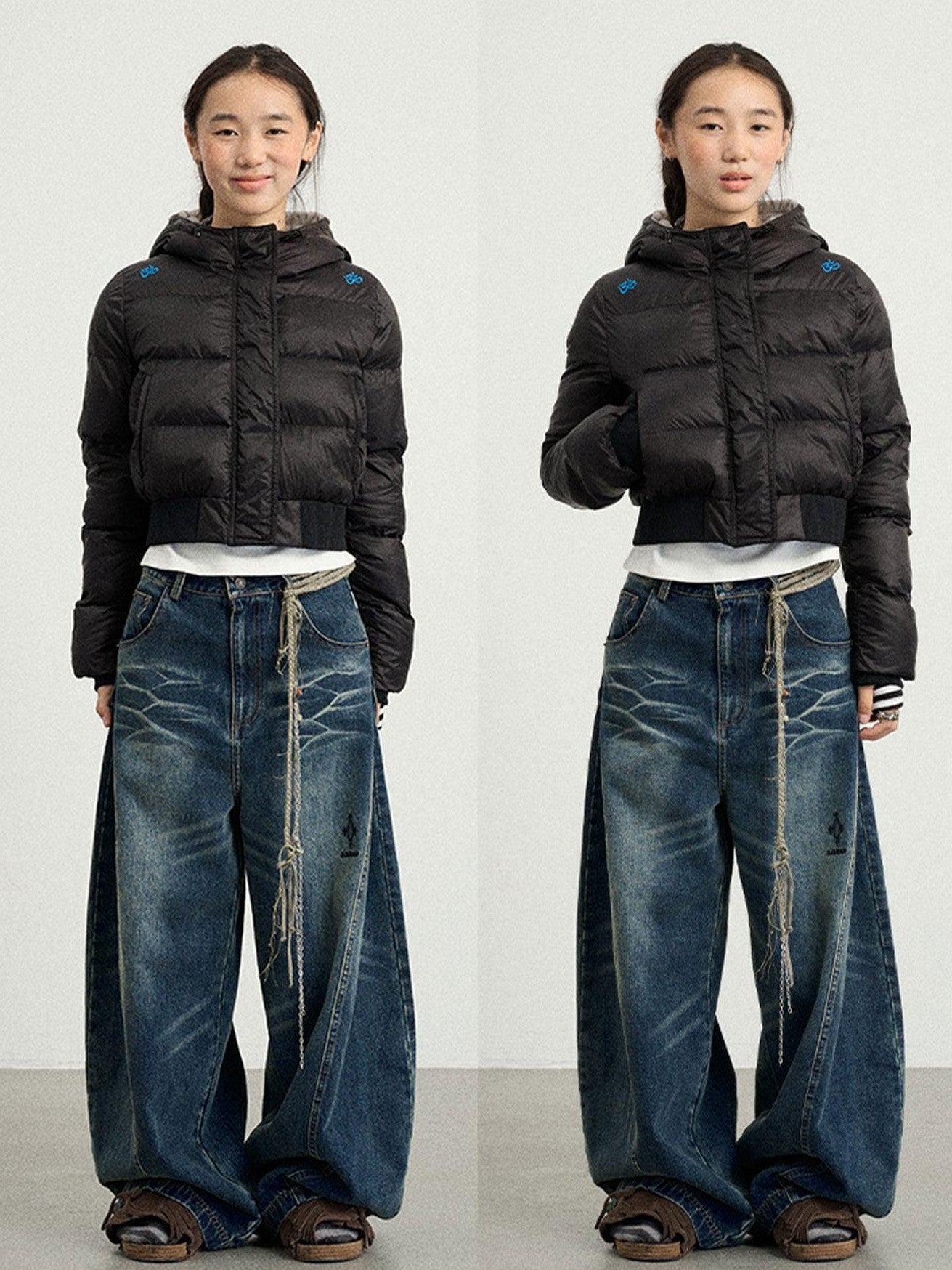 Achihara Black Shoulder Embroidery Hooded Short Straight Women'S Cotton Puffer Jackets