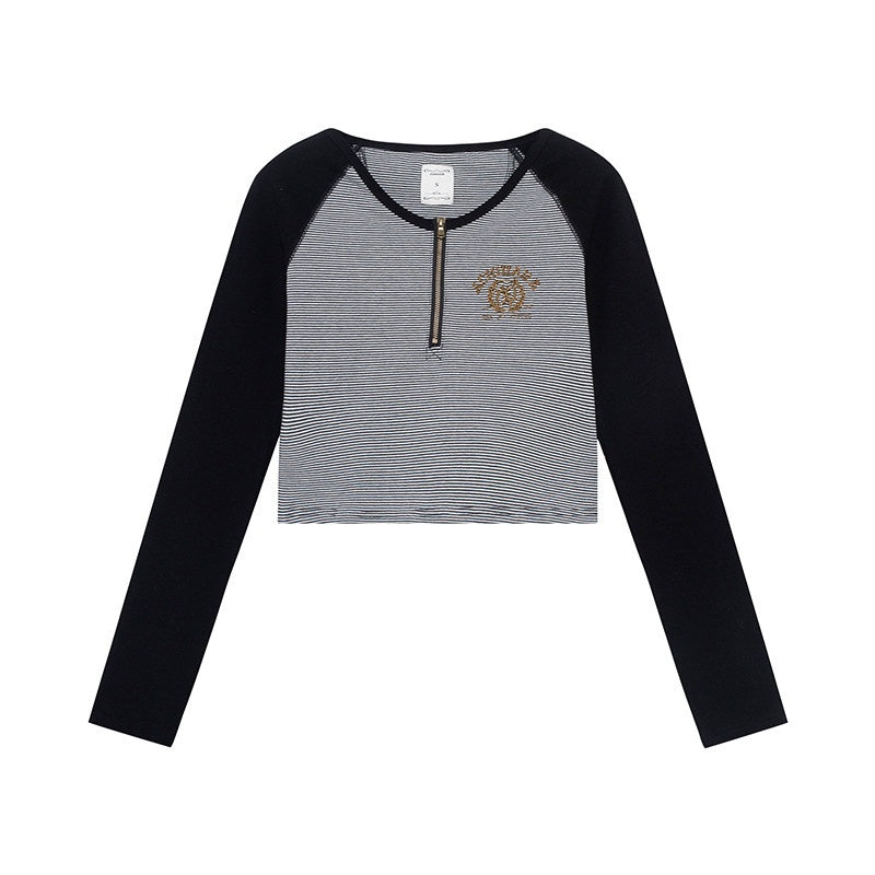 Achihara_Black_Striped_Patchwork_Techwear_Cropped_Crewneck_Women'S_Long_Sleeve_T-Shirts_MISSTT