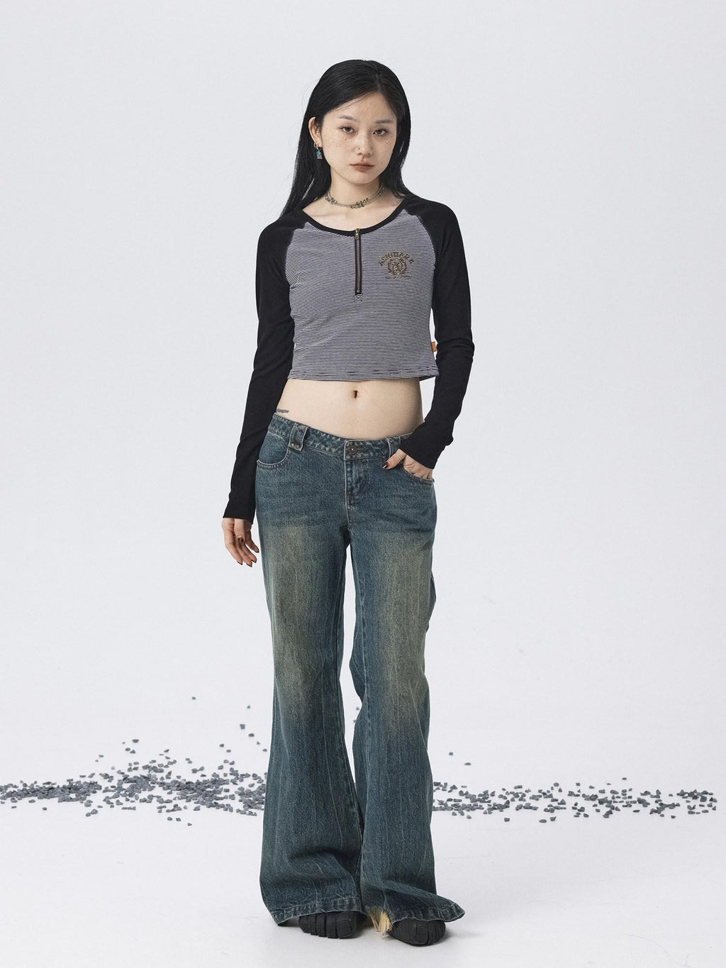 Achihara Black Striped Patchwork Techwear Cropped Crewneck Women'S Long Sleeve T-Shirts