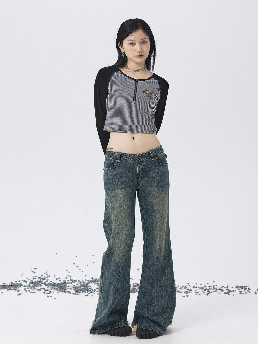 Achihara Black Striped Patchwork Techwear Cropped Crewneck Women'S Long Sleeve T-Shirts