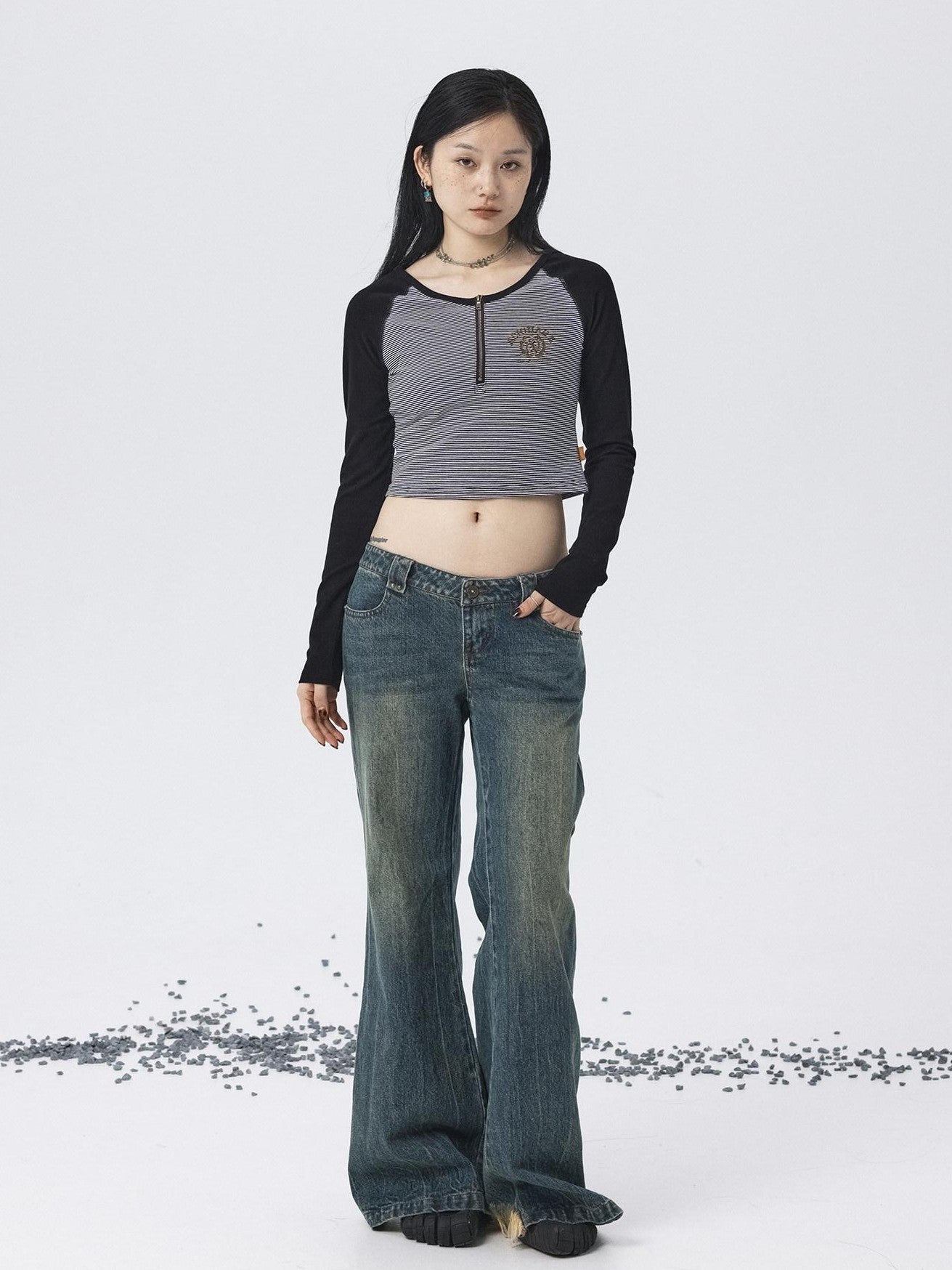 Achihara Black Striped Patchwork Techwear Cropped Crewneck Women'S Long Sleeve T-Shirts