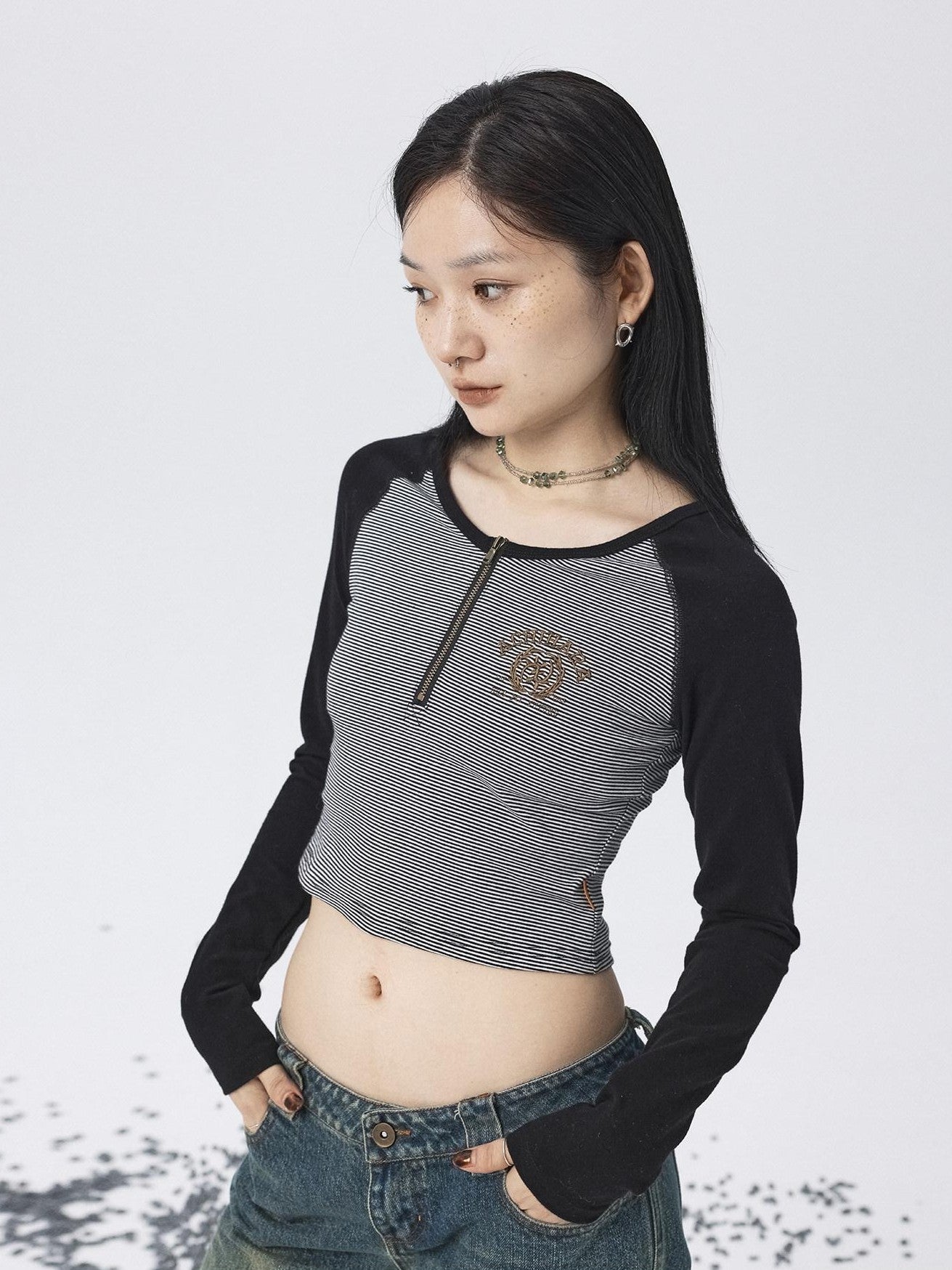 Achihara Black Striped Patchwork Techwear Cropped Crewneck Women'S Long Sleeve T-Shirts