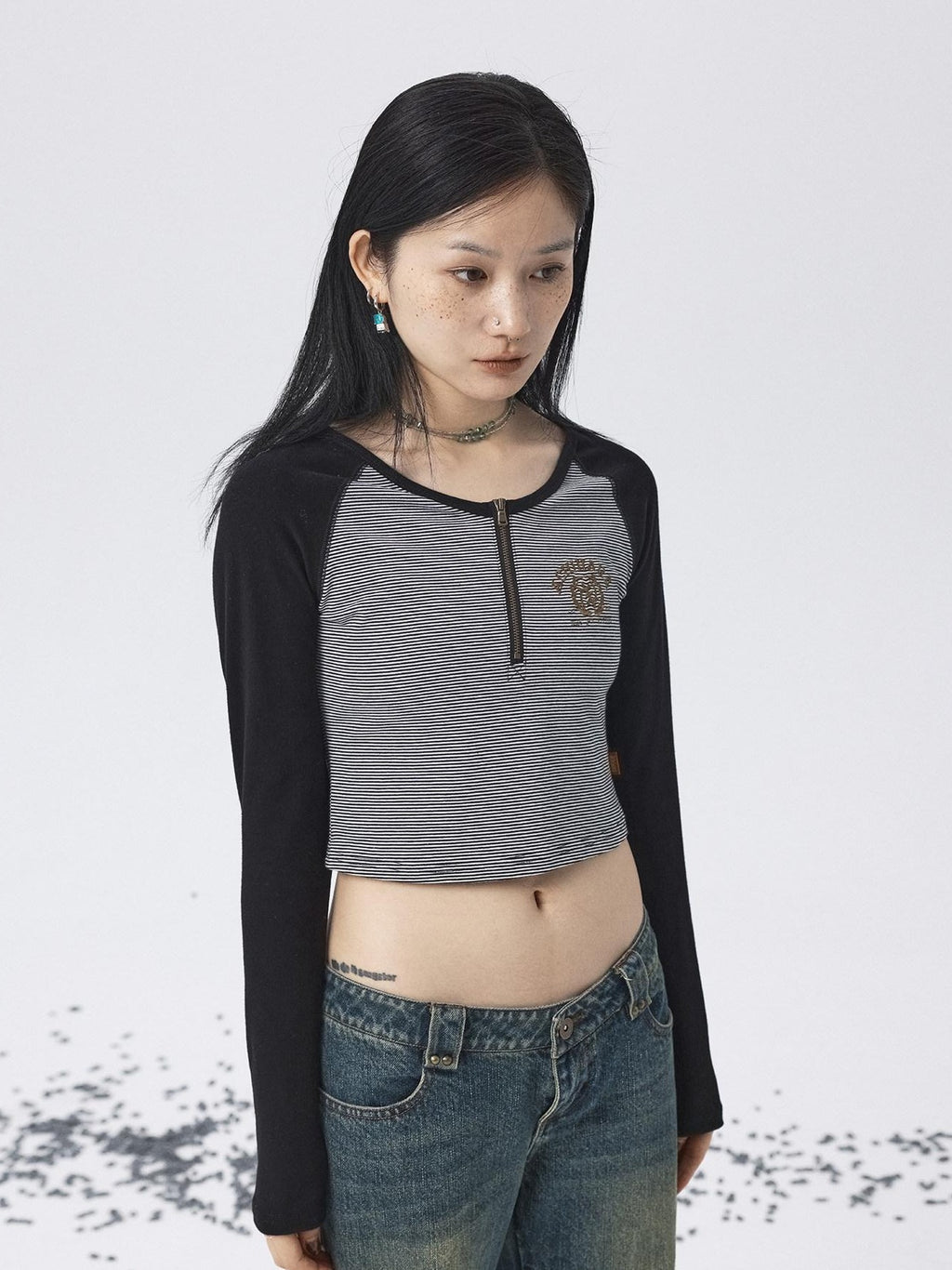 Achihara Black Striped Patchwork Techwear Cropped Crewneck Women'S Long Sleeve T-Shirts