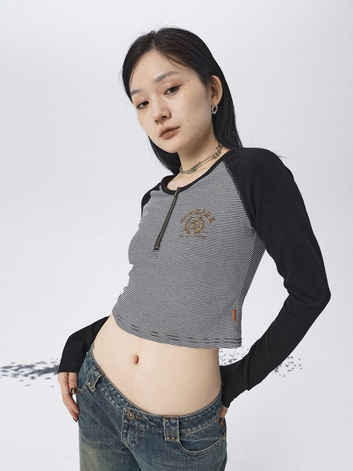 Achihara Black Striped Patchwork Techwear Cropped Crewneck Women'S Long Sleeve T-Shirts