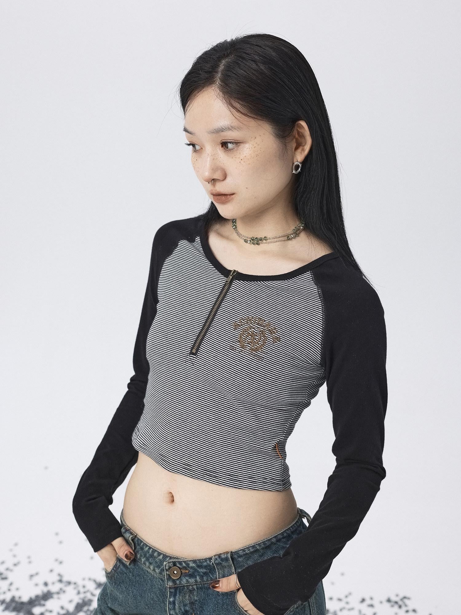 Achihara Black Striped Patchwork Techwear Cropped Crewneck Women'S Long Sleeve T-Shirts