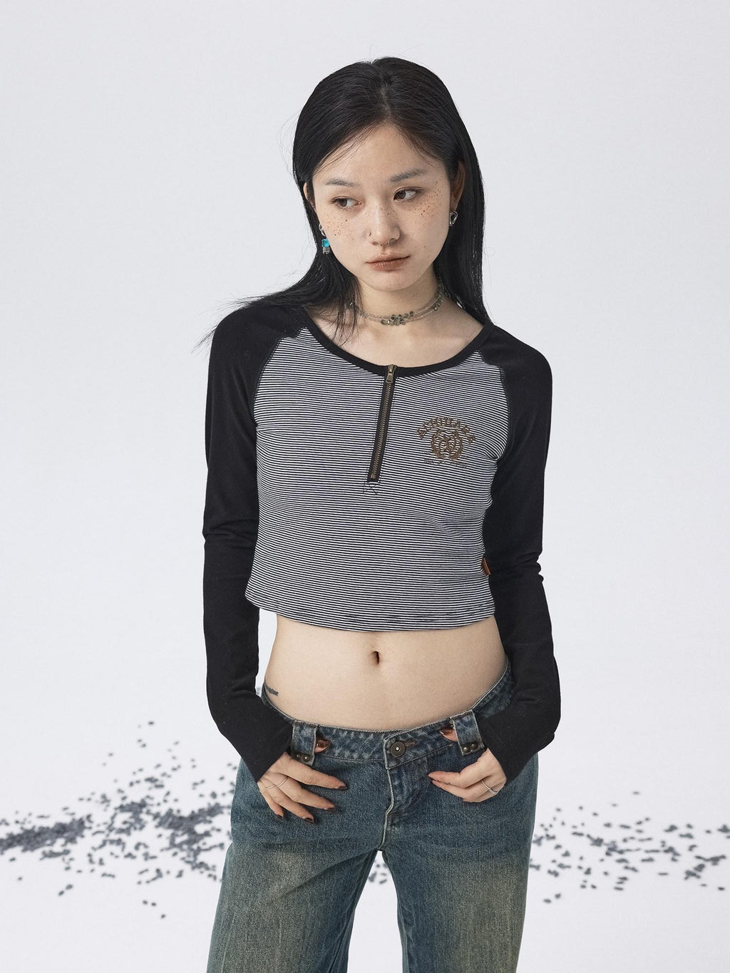 Achihara Black Striped Patchwork Techwear Cropped Crewneck Women'S Long Sleeve T-Shirts