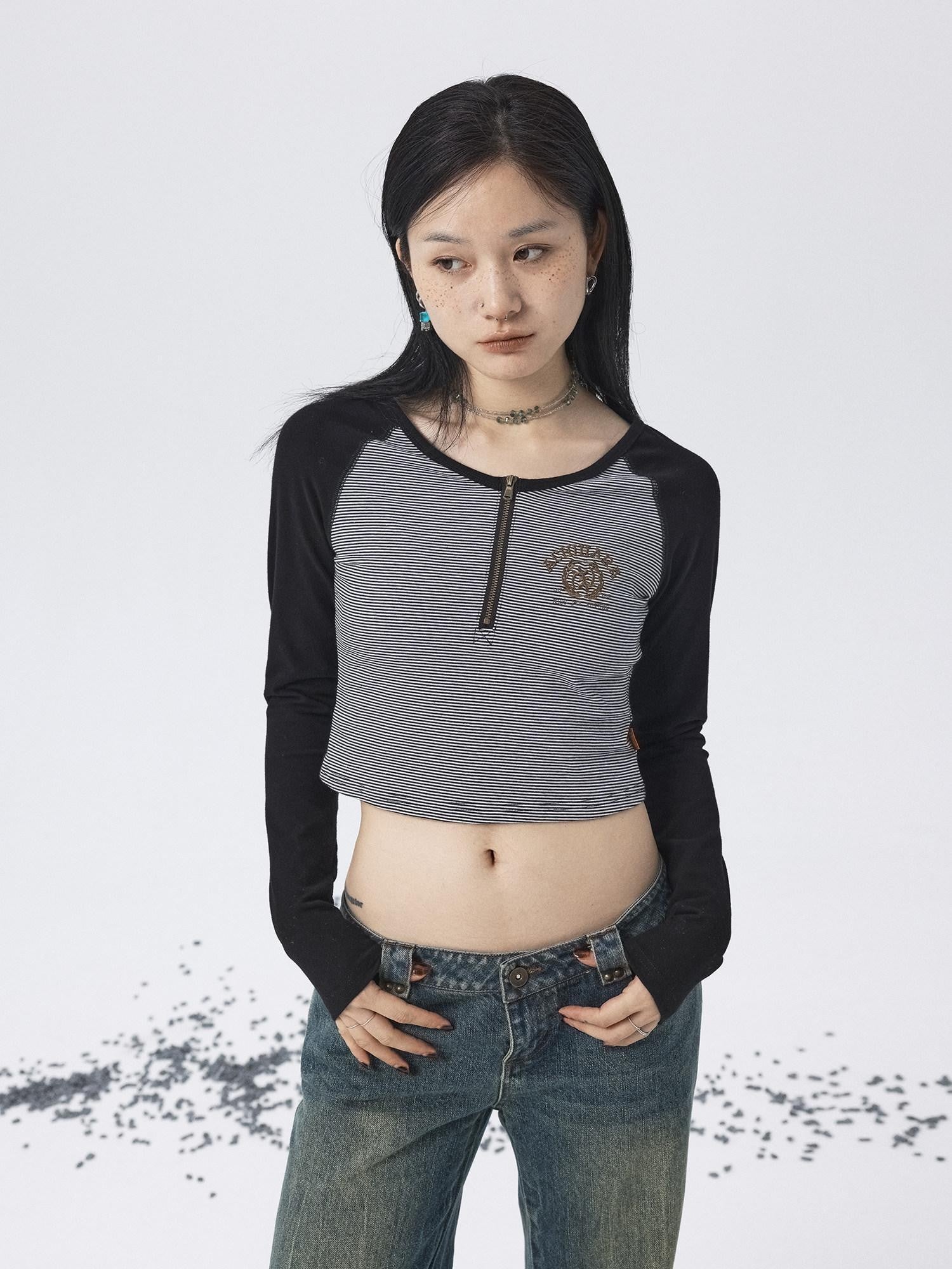 Achihara Black Striped Patchwork Techwear Cropped Crewneck Women'S Long Sleeve T-Shirts