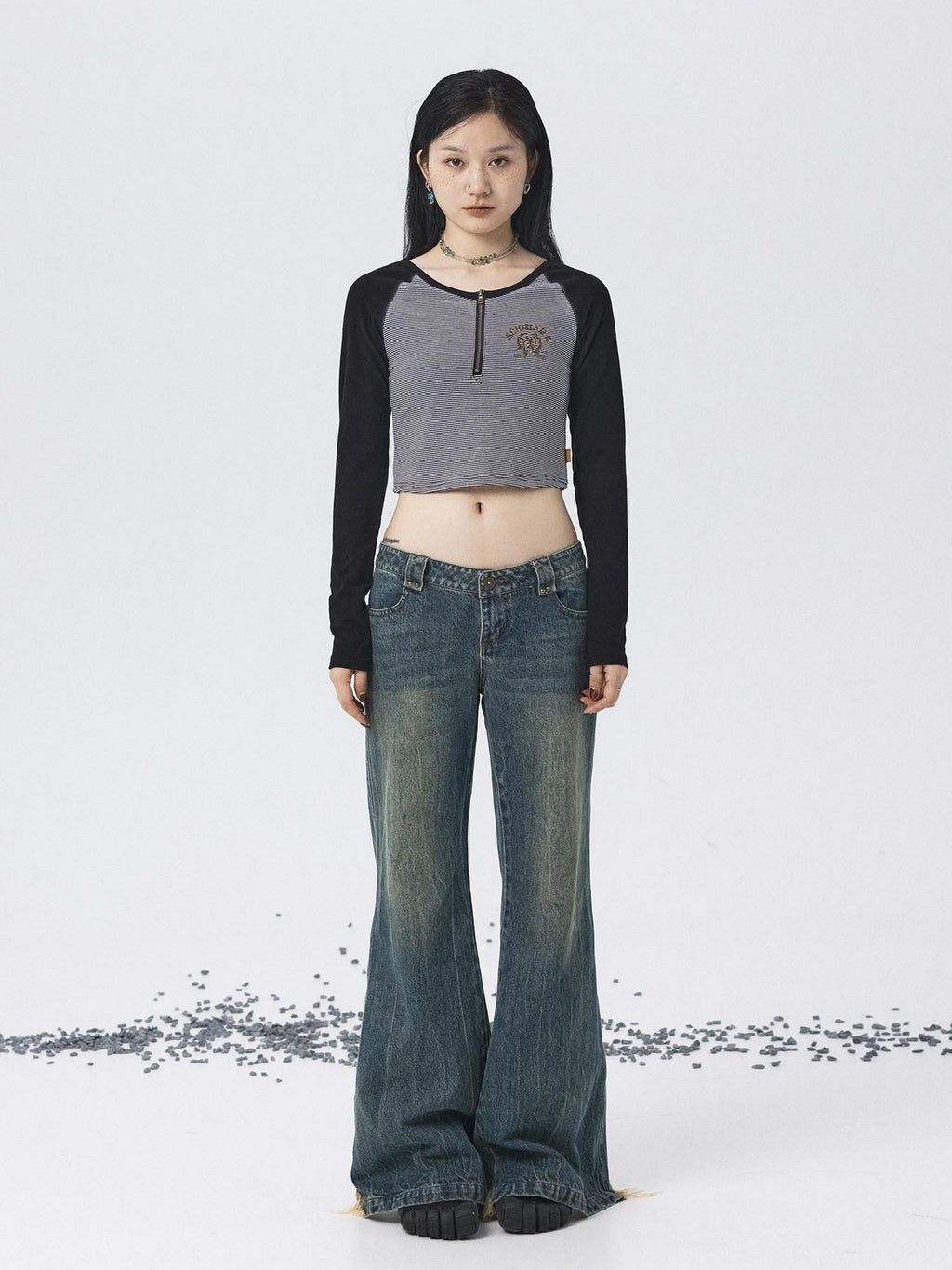 Achihara Black Striped Patchwork Techwear Cropped Crewneck Women'S Long Sleeve T-Shirts