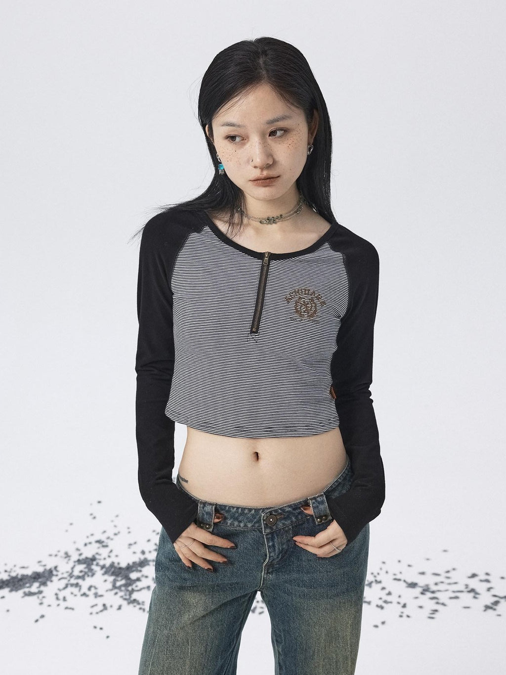Achihara Black Striped Patchwork Techwear Cropped Crewneck Women'S Long Sleeve T-Shirts