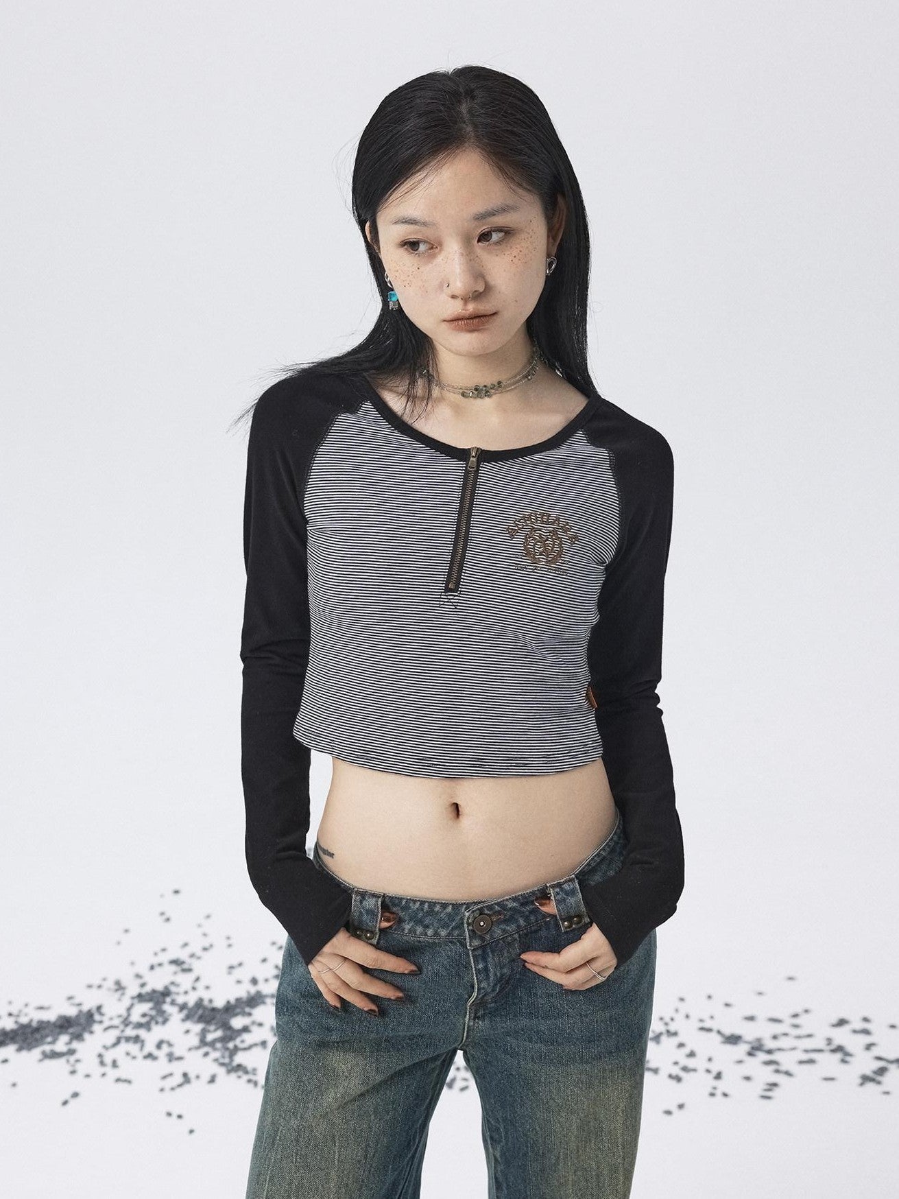 Achihara Black Striped Patchwork Techwear Cropped Crewneck Women'S Long Sleeve T-Shirts
