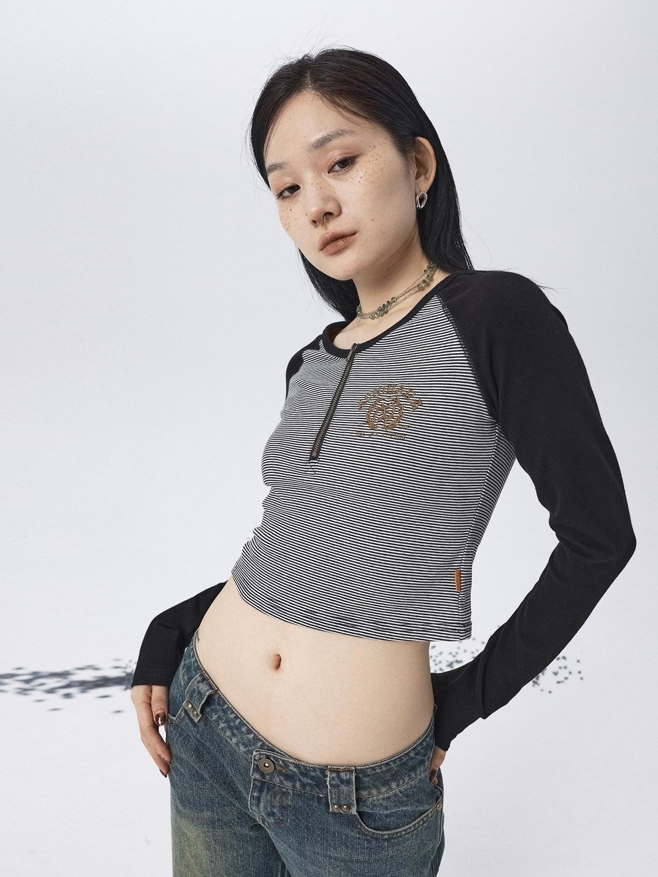 Achihara Black Striped Patchwork Techwear Cropped Crewneck Women'S Long Sleeve T-Shirts