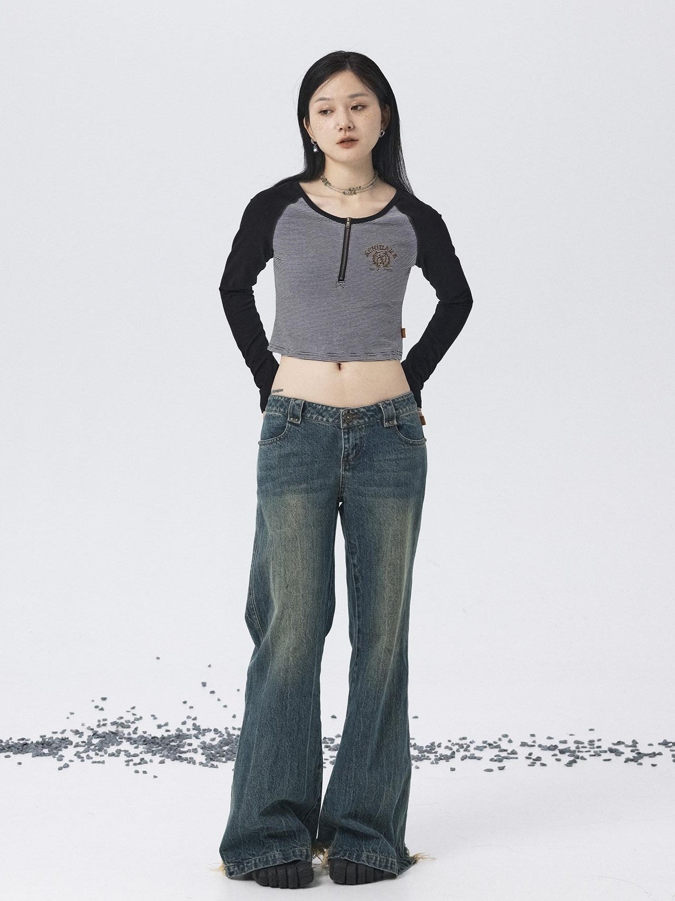 Achihara Black Striped Patchwork Techwear Cropped Crewneck Women'S Long Sleeve T-Shirts