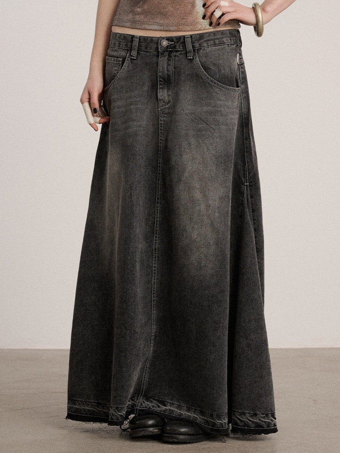 Achihara_Black_Washed_A_Line_Low_Waist_Loose_Mid_Length_Women'S_Cotton_Blend_Denim_Skirts_MISSTT