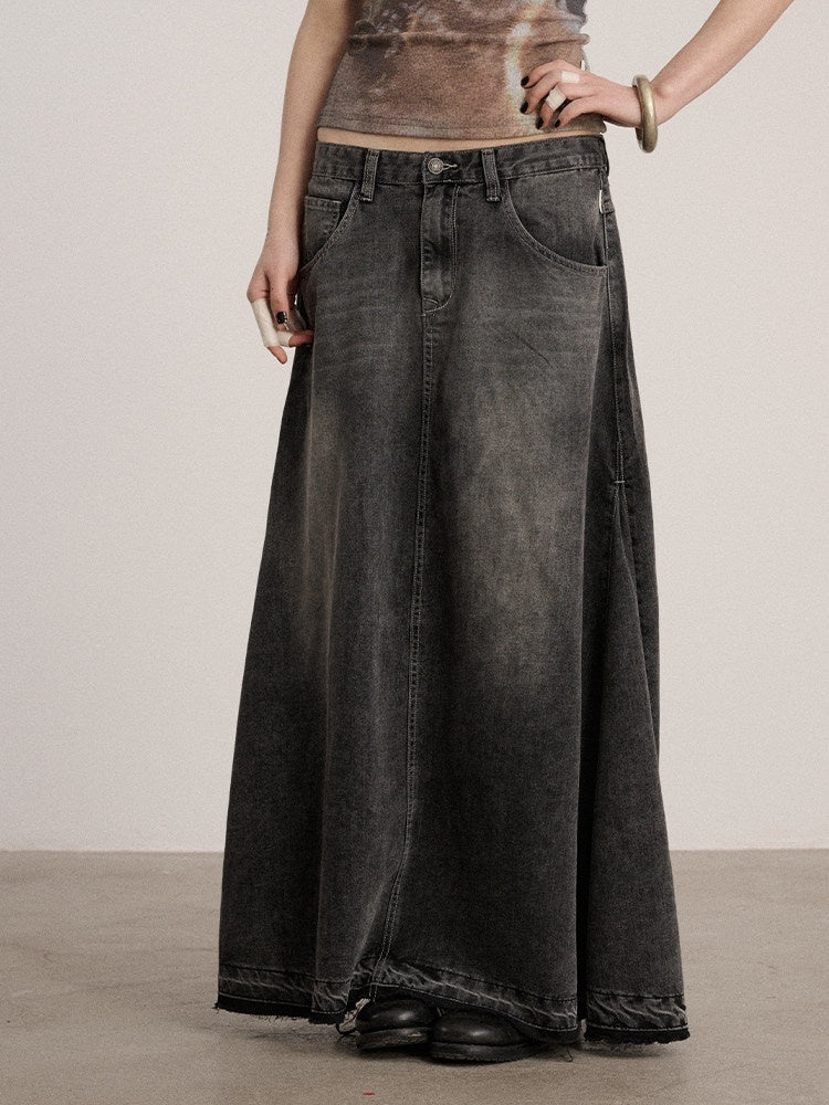 Achihara_Black_Washed_A_Line_Low_Waist_Loose_Mid_Length_Women'S_Cotton_Blend_Denim_Skirts_MISSTT