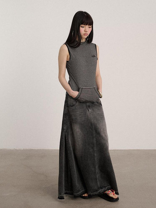 Achihara Black Washed A Line Low Waist Loose Mid Length Women'S Cotton Blend Denim Skirts