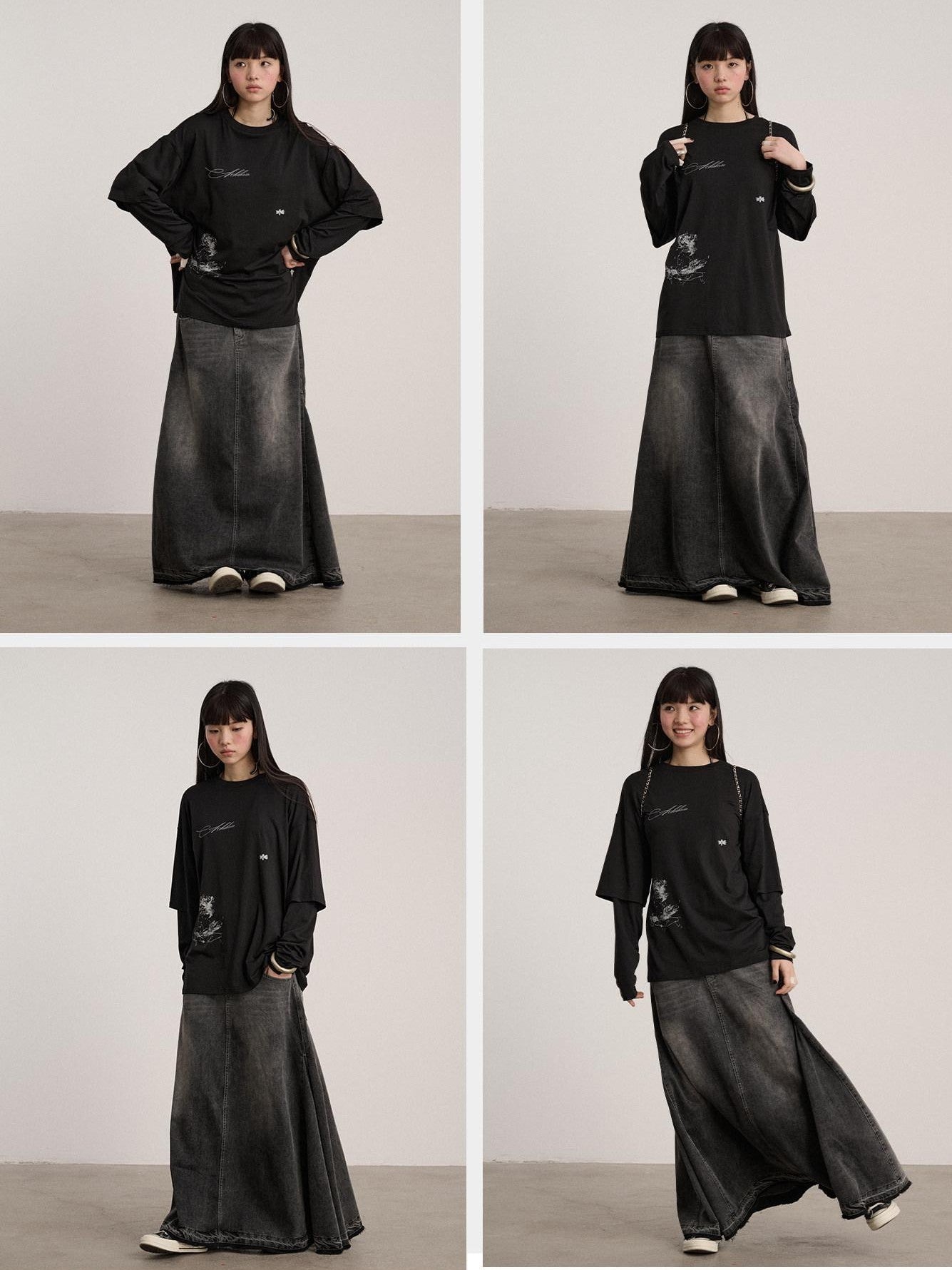 Achihara Black Washed A Line Low Waist Loose Mid Length Women'S Cotton Blend Denim Skirts