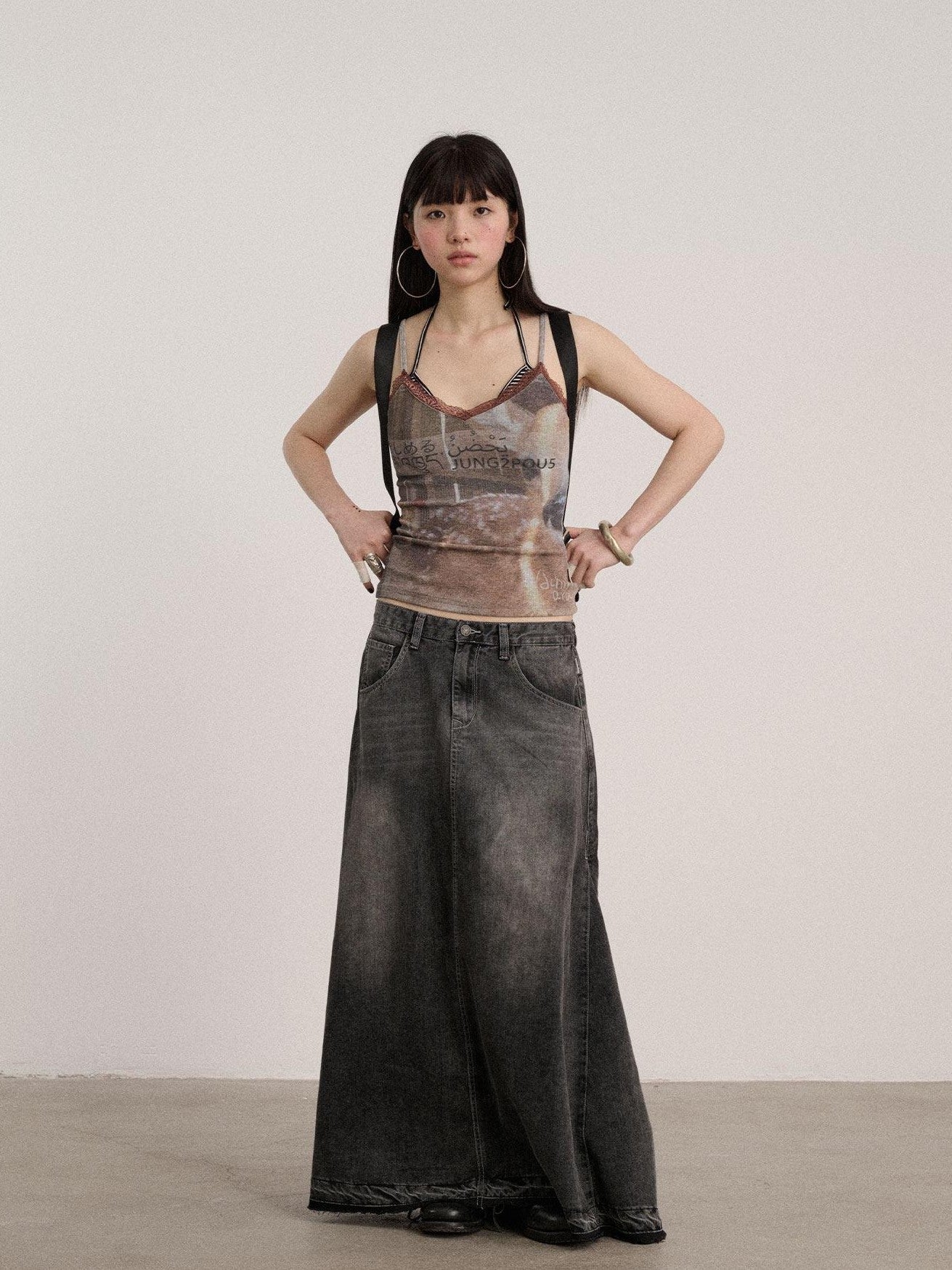 Achihara Black Washed A Line Low Waist Loose Mid Length Women'S Cotton Blend Denim Skirts