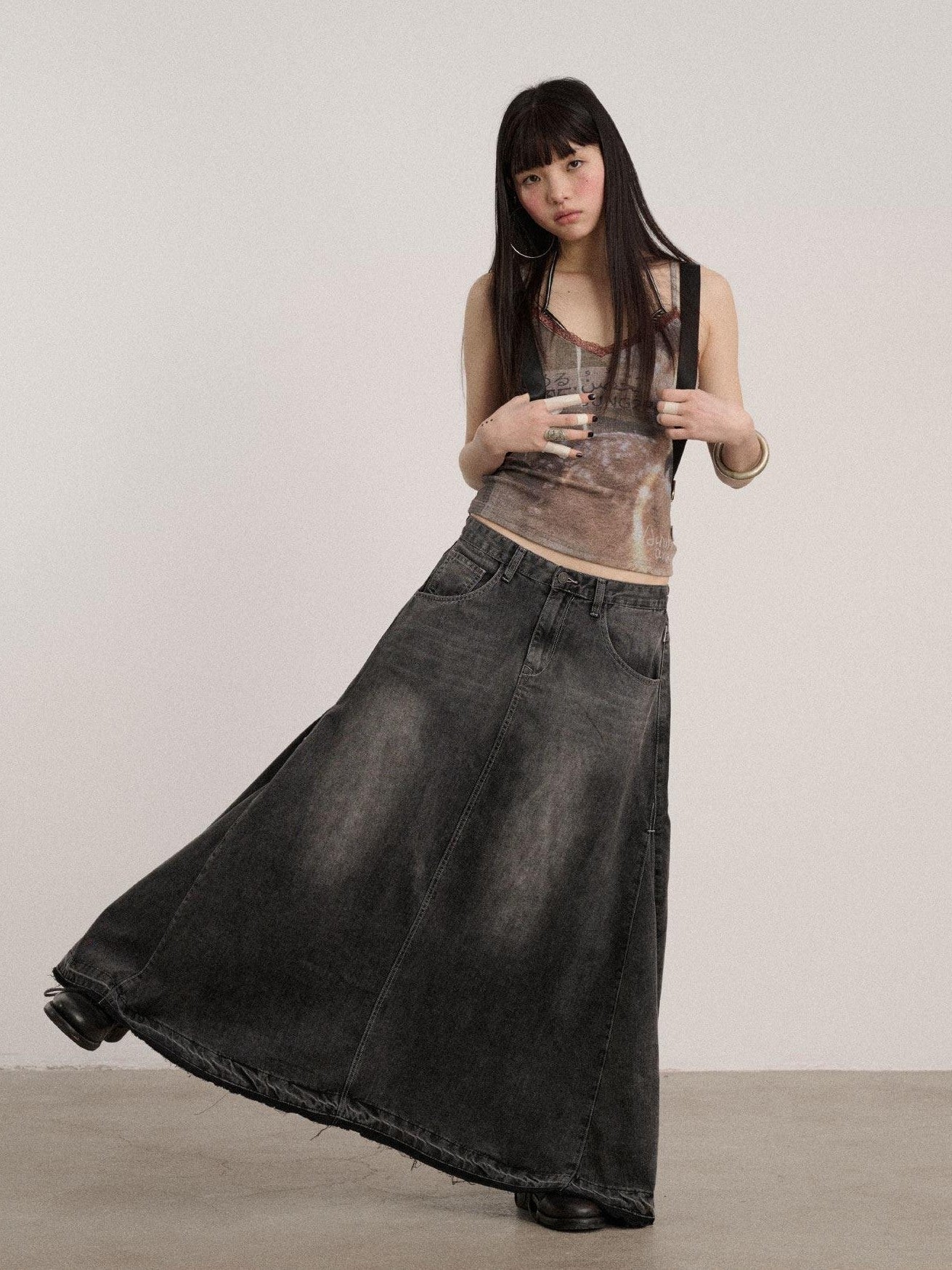 Achihara Black Washed A Line Low Waist Loose Mid Length Women'S Cotton Blend Denim Skirts
