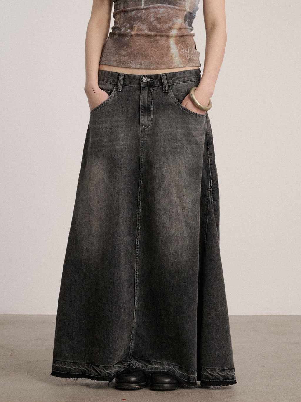 Achihara Black Washed A Line Low Waist Loose Mid Length Women'S Cotton Blend Denim Skirts