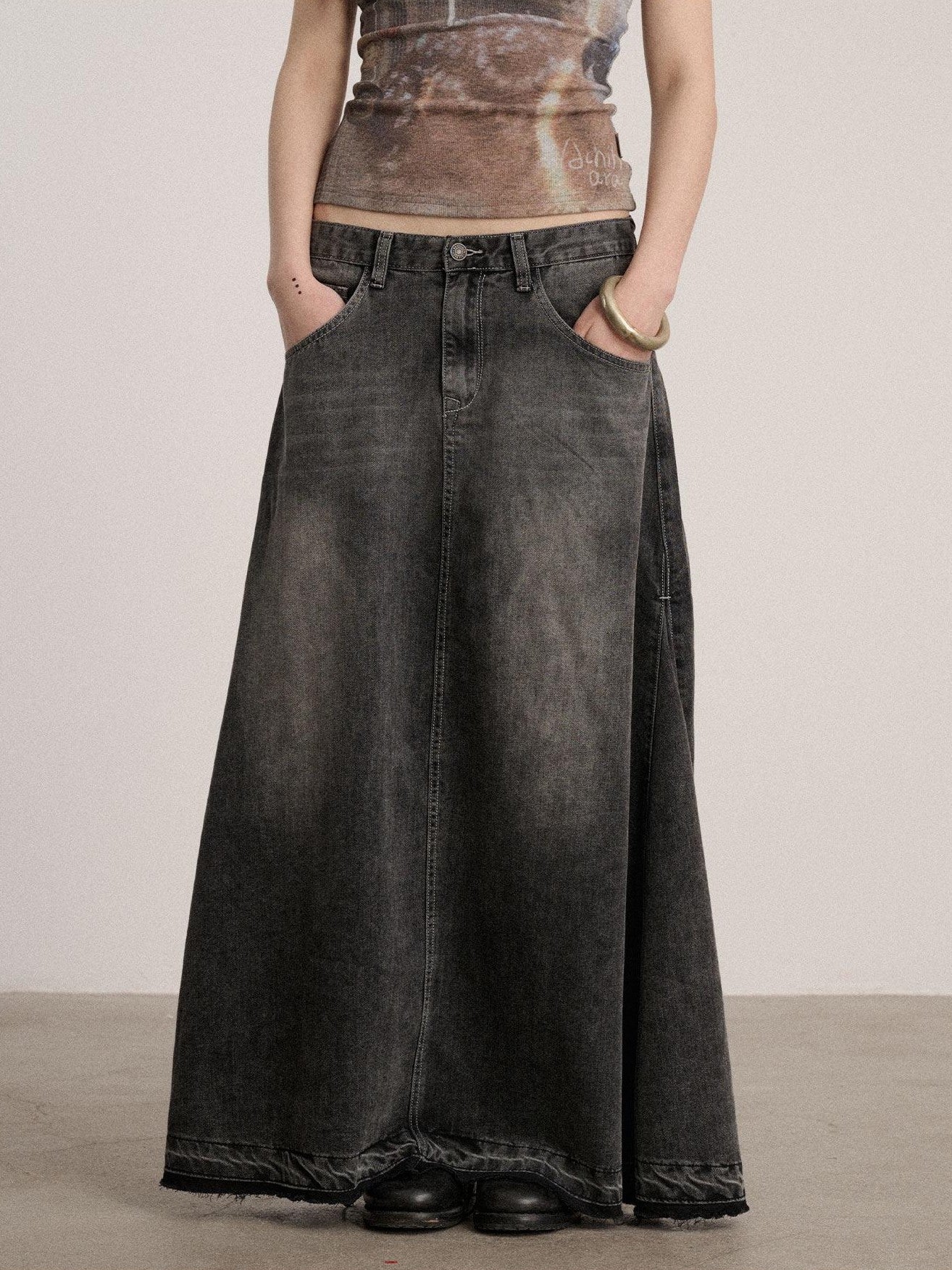 Achihara Black Washed A Line Low Waist Loose Mid Length Women'S Cotton Blend Denim Skirts