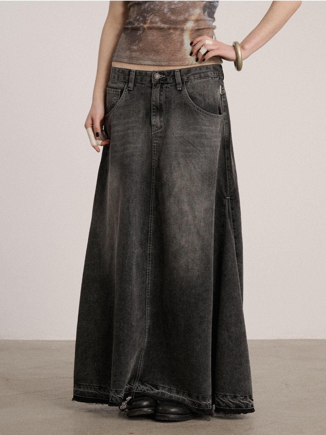 Achihara Black Washed A Line Low Waist Loose Mid Length Women'S Cotton Blend Denim Skirts