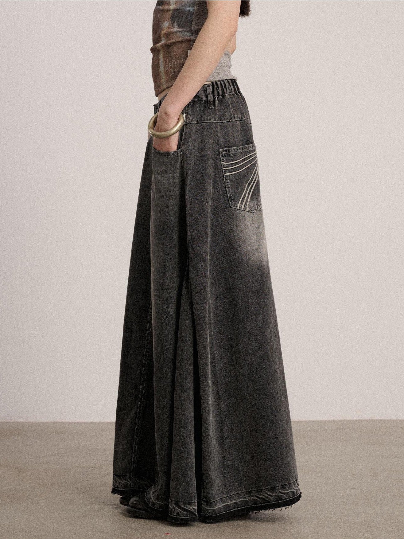 Achihara Black Washed A Line Low Waist Loose Mid Length Women'S Cotton Blend Denim Skirts
