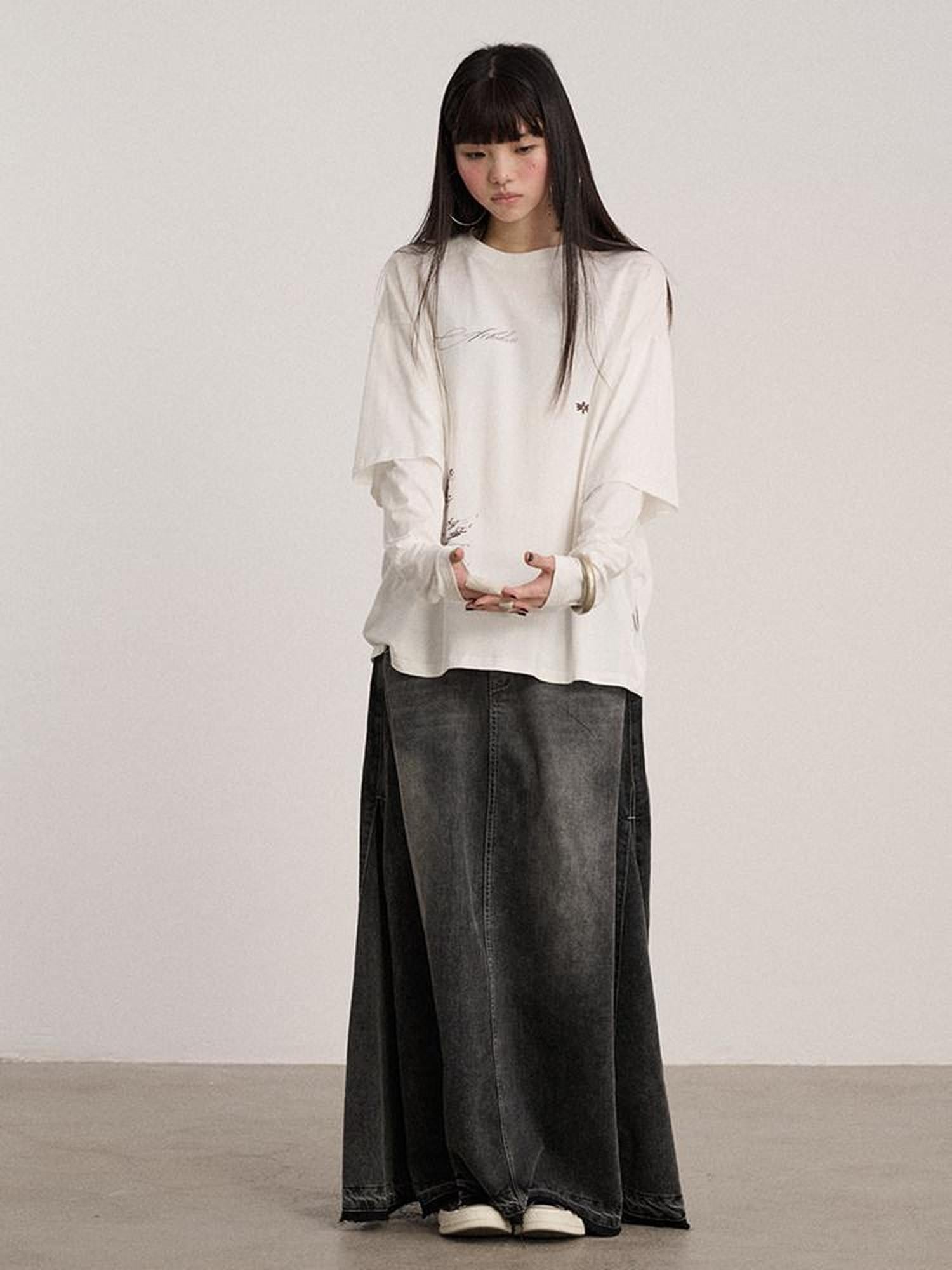 Achihara Black Washed A Line Low Waist Loose Mid Length Women'S Cotton Blend Denim Skirts